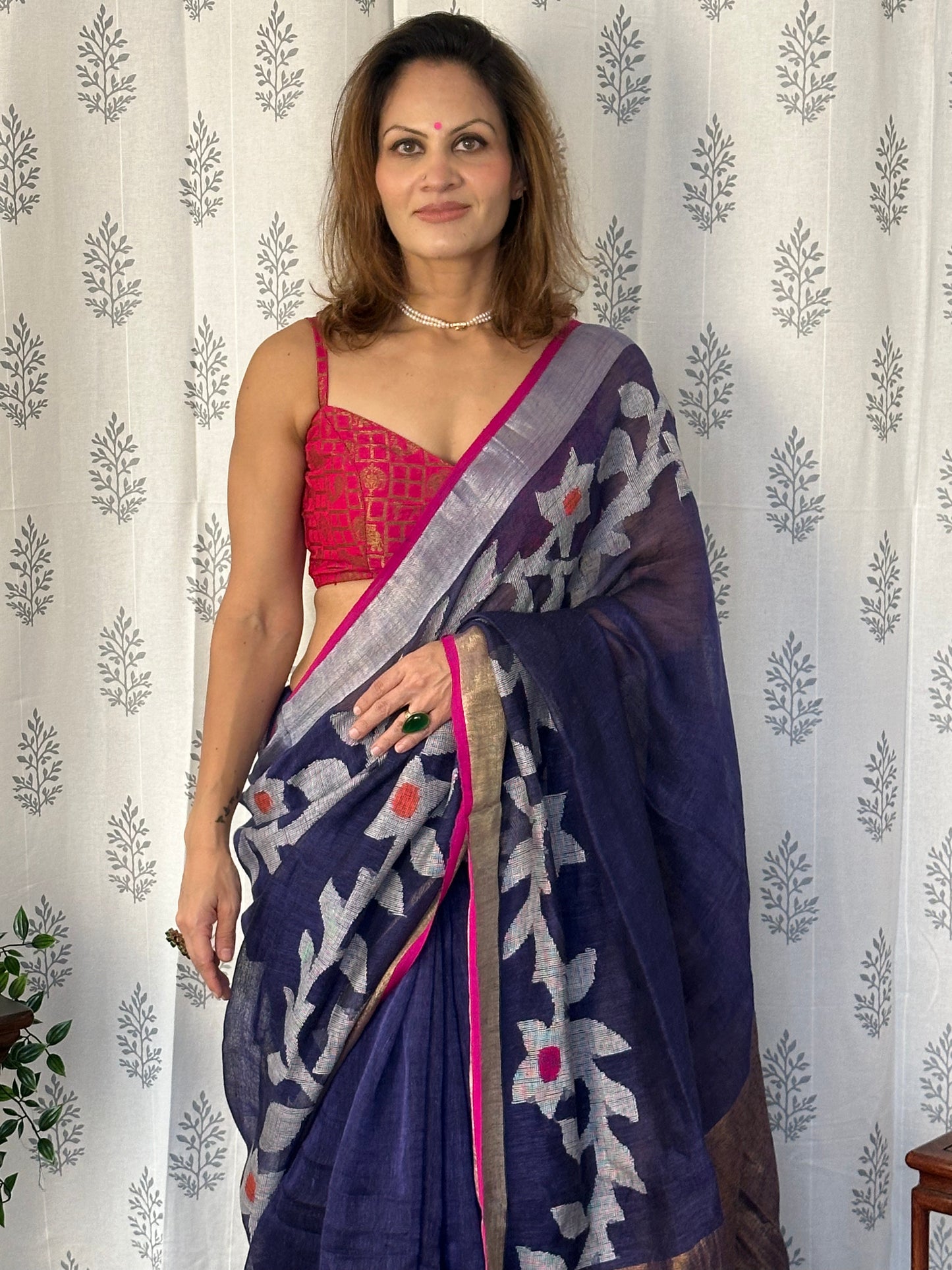 Blue Handloom Pure Linen Jamdani Sari with Contrast Pink, Gold, & Silver Border & Zari Woven Pallu