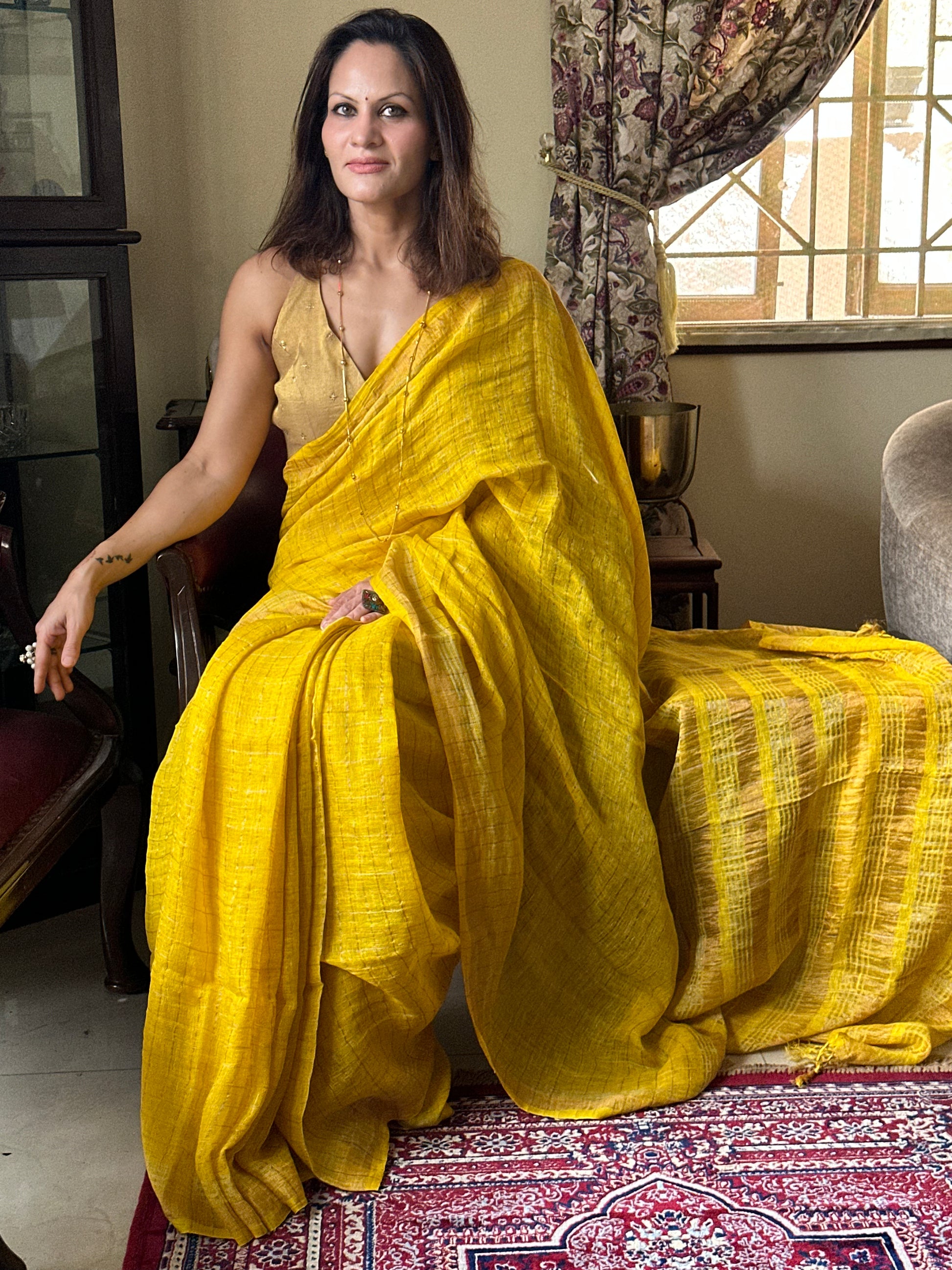 Yellow Pure Linen Sari with Silver and Gold Zari Checks - Raahini