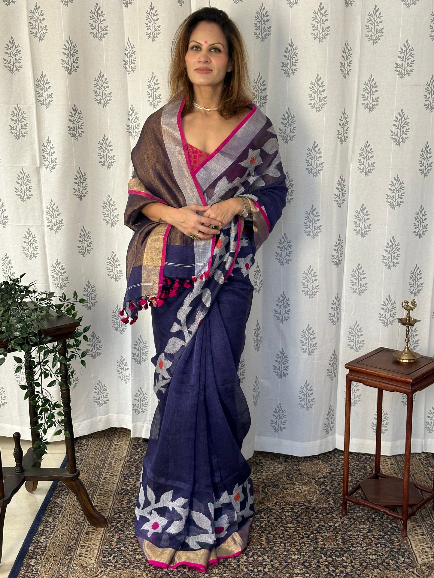 Blue Handloom Pure Linen Jamdani Sari with Contrast Pink, Gold, & Silver Border & Zari Woven Pallu