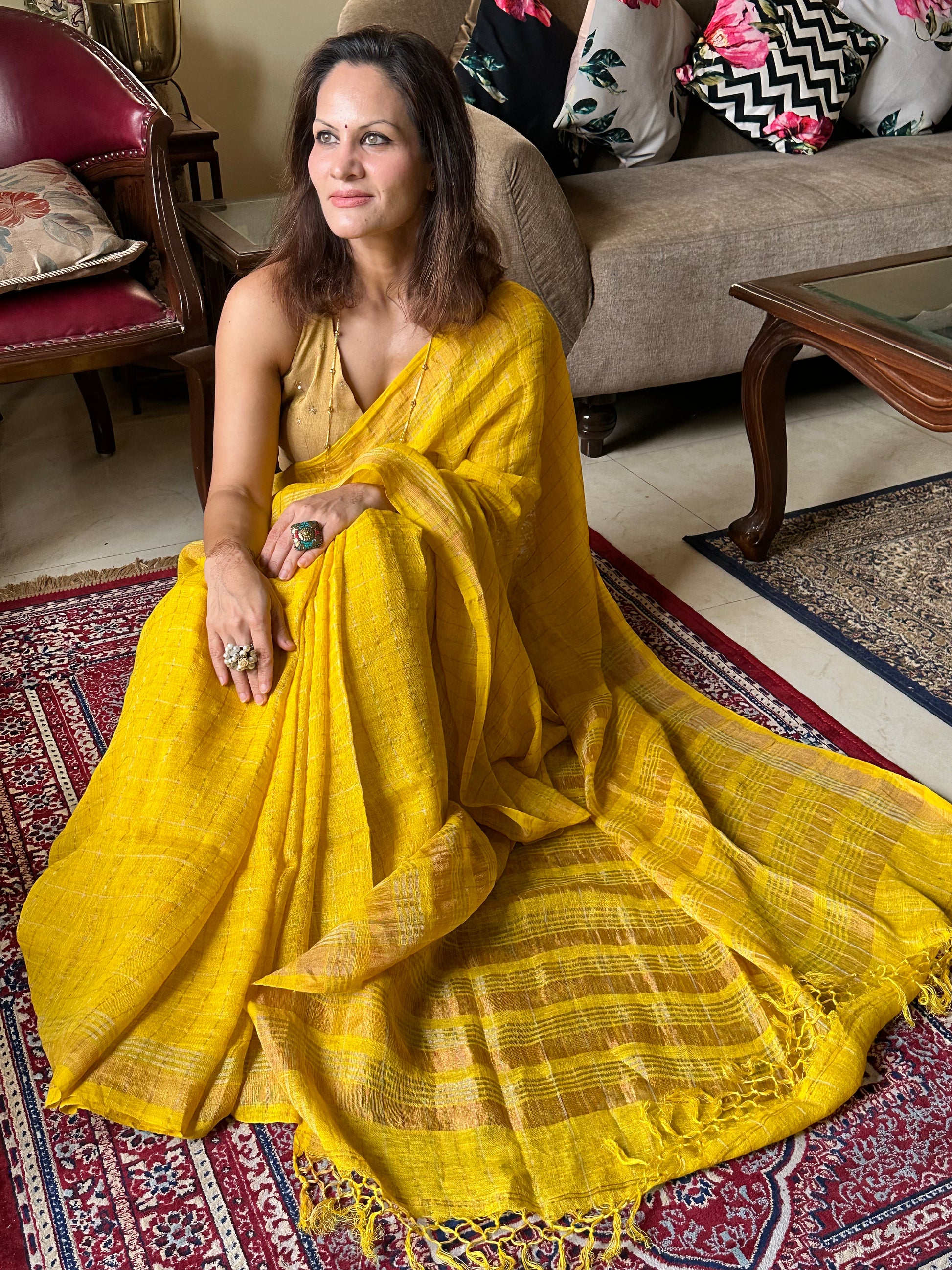 Yellow Pure Linen Sari with Silver and Gold Zari Checks - Raahini