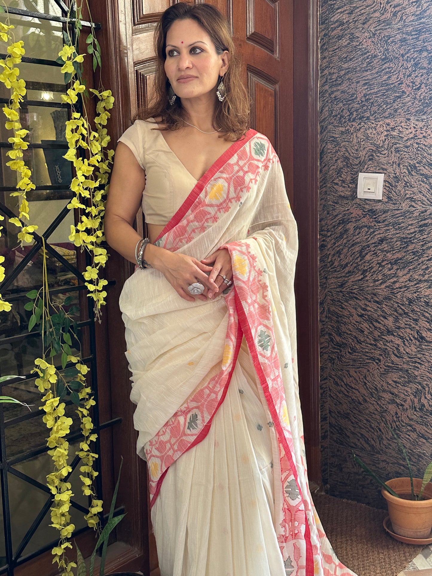 Cream Handloom Pure Khaadi Jamdani Saree with Red Border