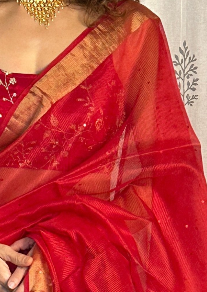 Red Pure Handloom Kota Organza Saree with Gold Zari Woven Pallu