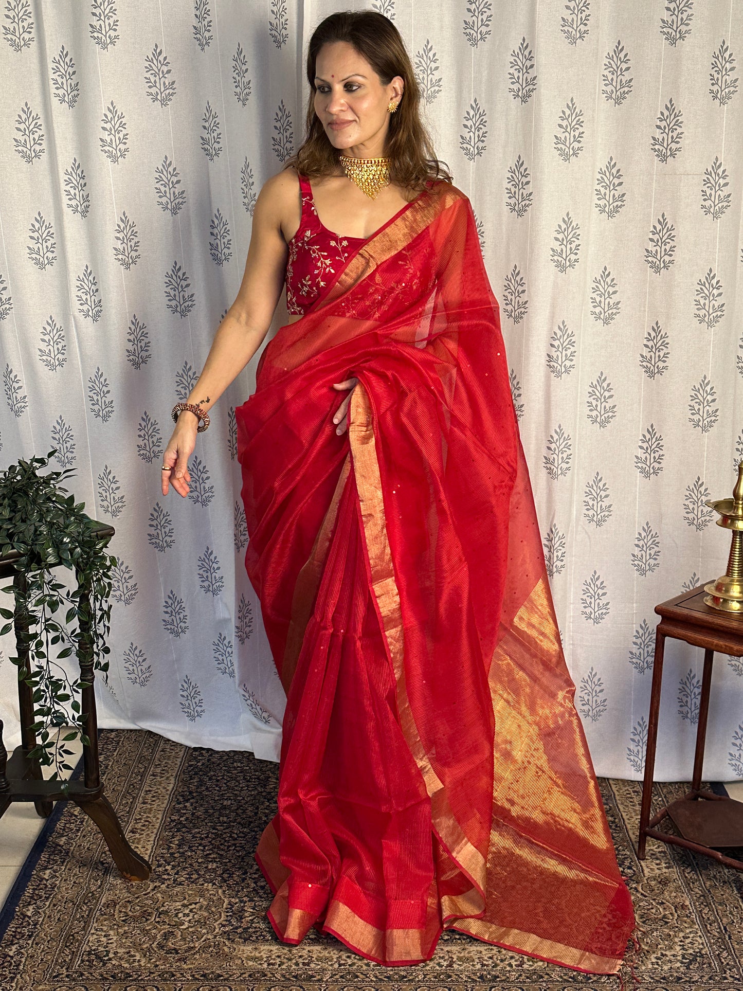 Red Pure Handloom Kota Organza Saree with Gold Zari Woven Pallu