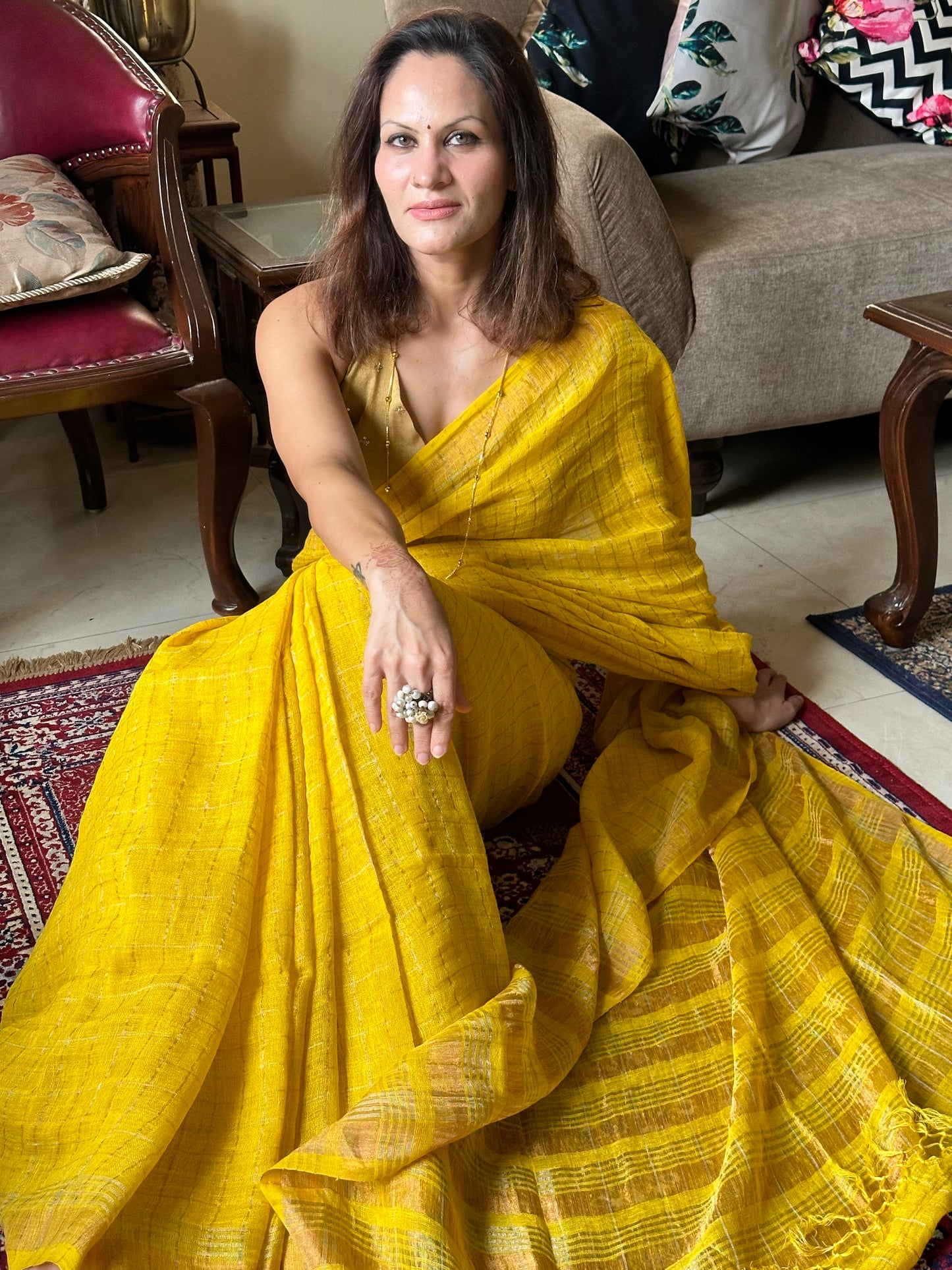 Yellow Pure Linen Sari with Silver and Gold Zari Checks - Raahini