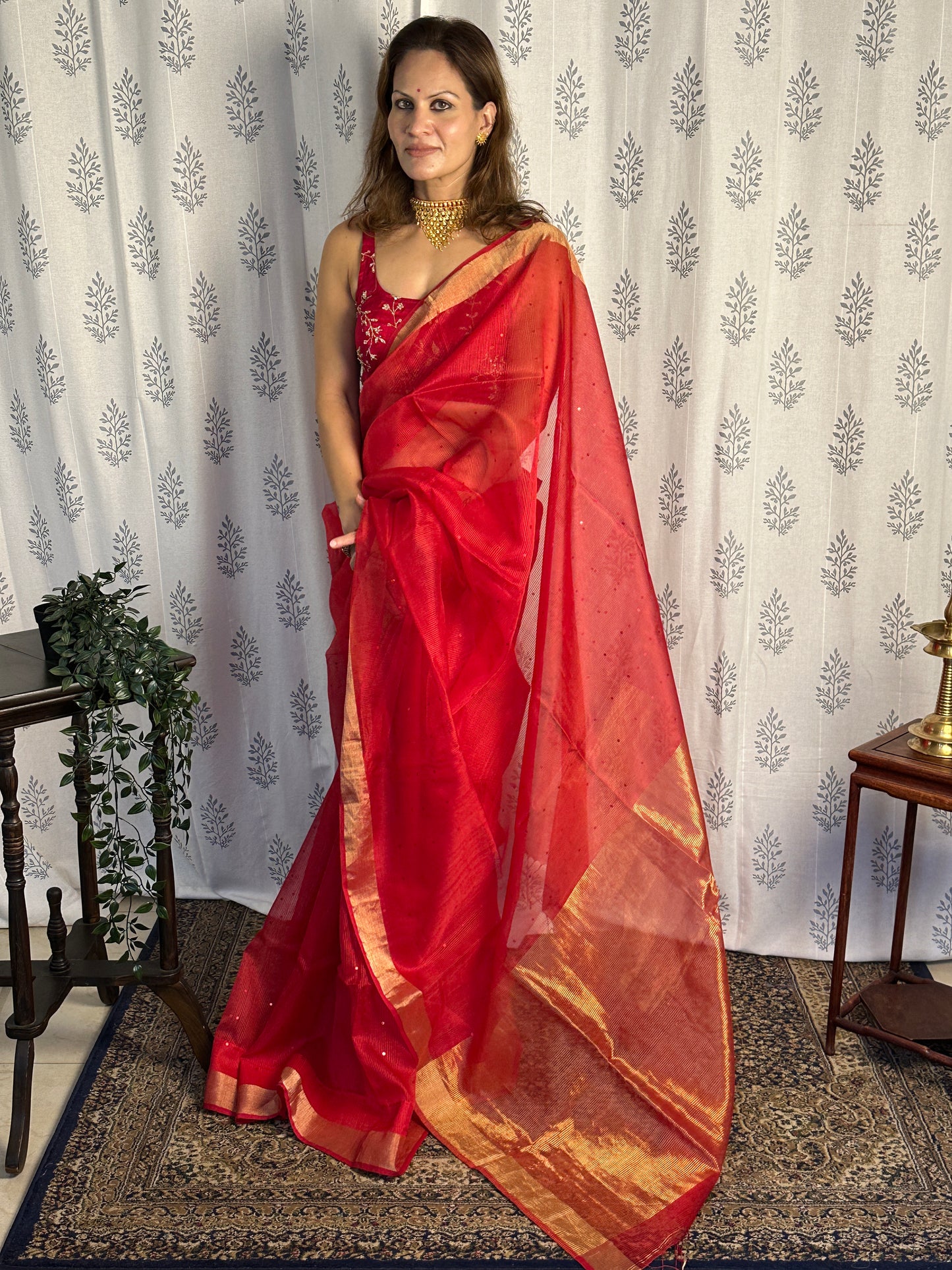 Red Pure Handloom Kota Organza Saree with Gold Zari Woven Pallu