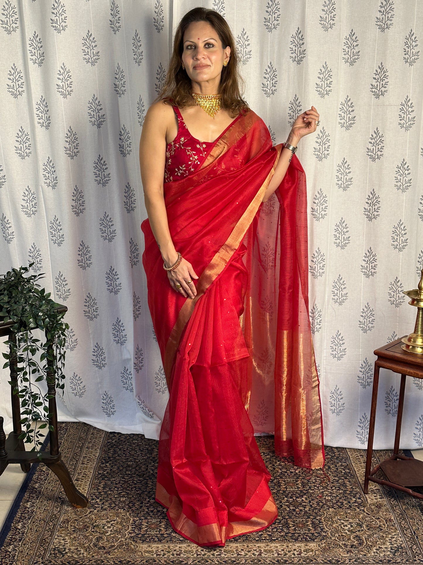 Red Pure Handloom Kota Organza Saree with Gold Zari Woven Pallu