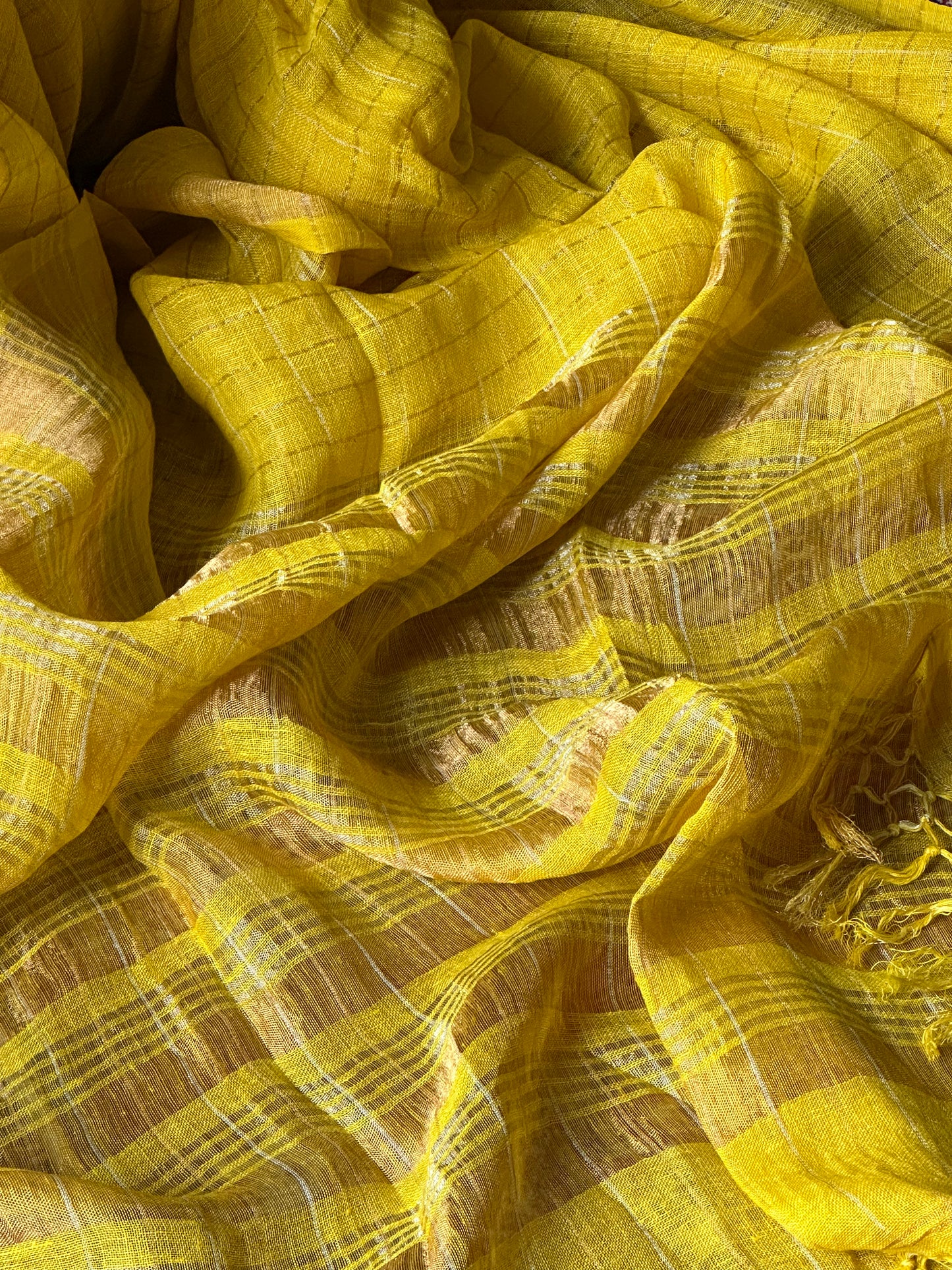 Yellow Pure Linen Sari with Silver and Gold Zari Checks - Raahini