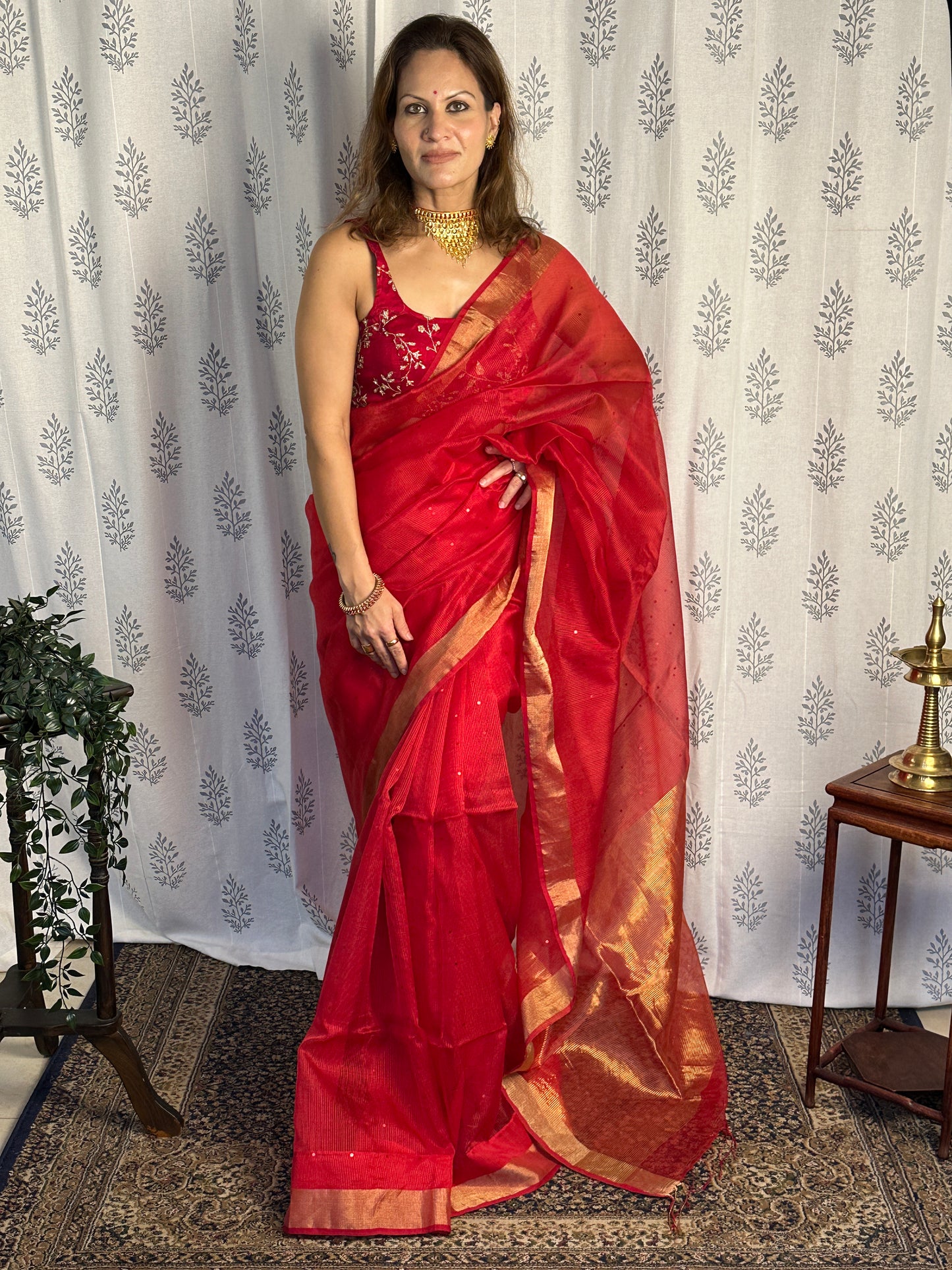 Red Pure Handloom Kota Organza Saree with Gold Zari Woven Pallu