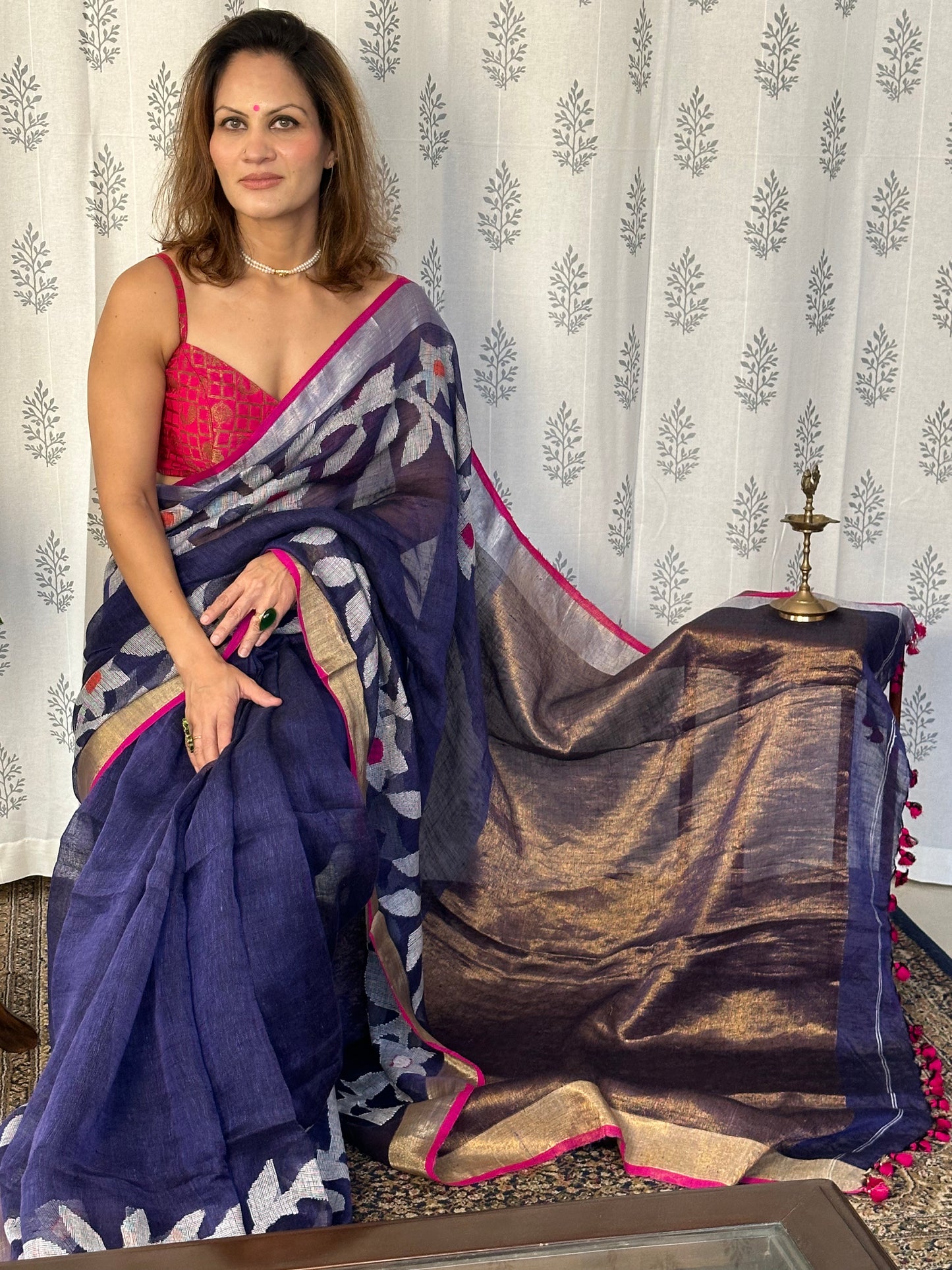 Blue Handloom Pure Linen Jamdani Sari with Contrast Pink, Gold, & Silver Border & Zari Woven Pallu