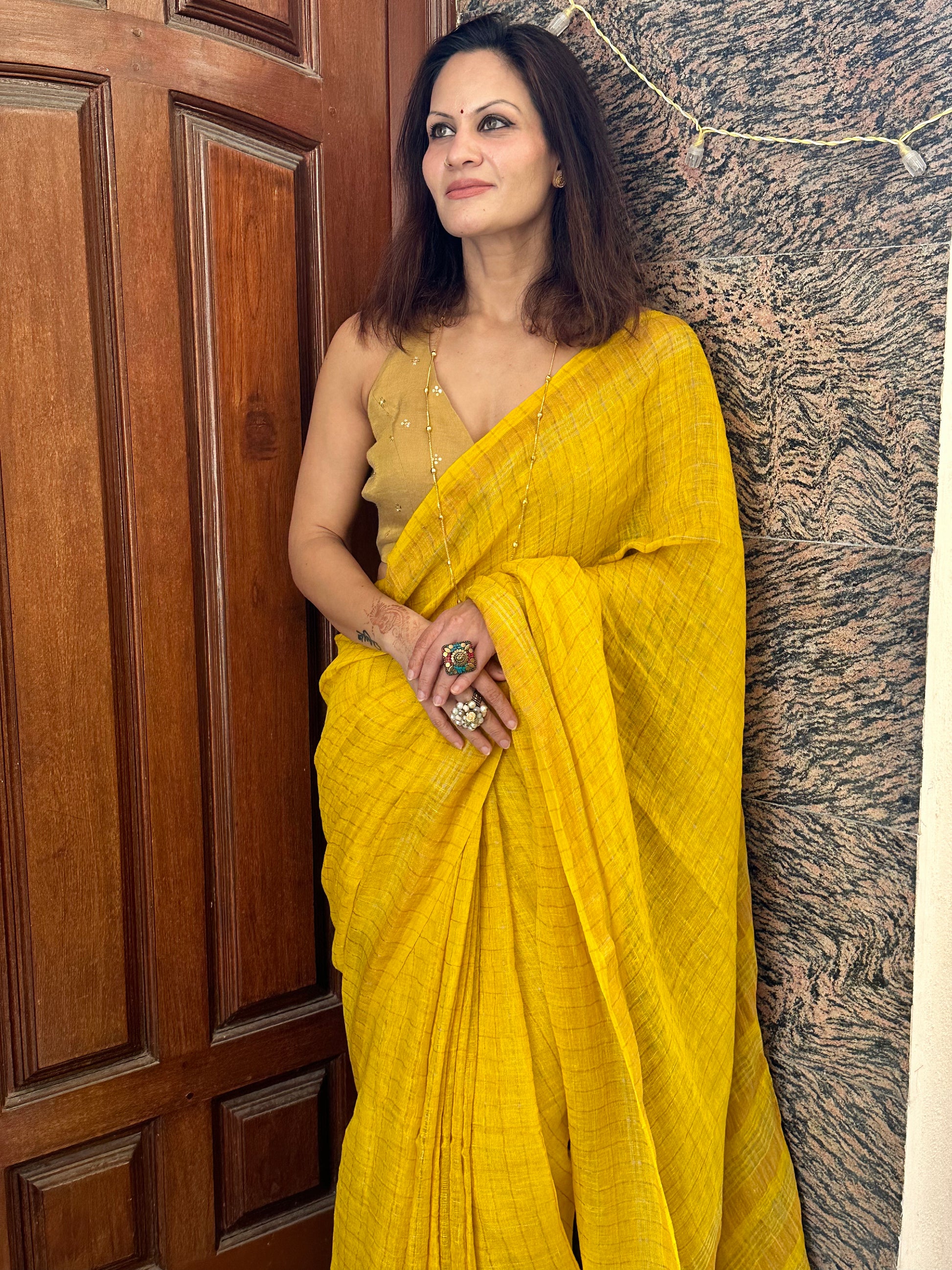 Yellow Pure Linen Sari with Silver and Gold Zari Checks - Raahini