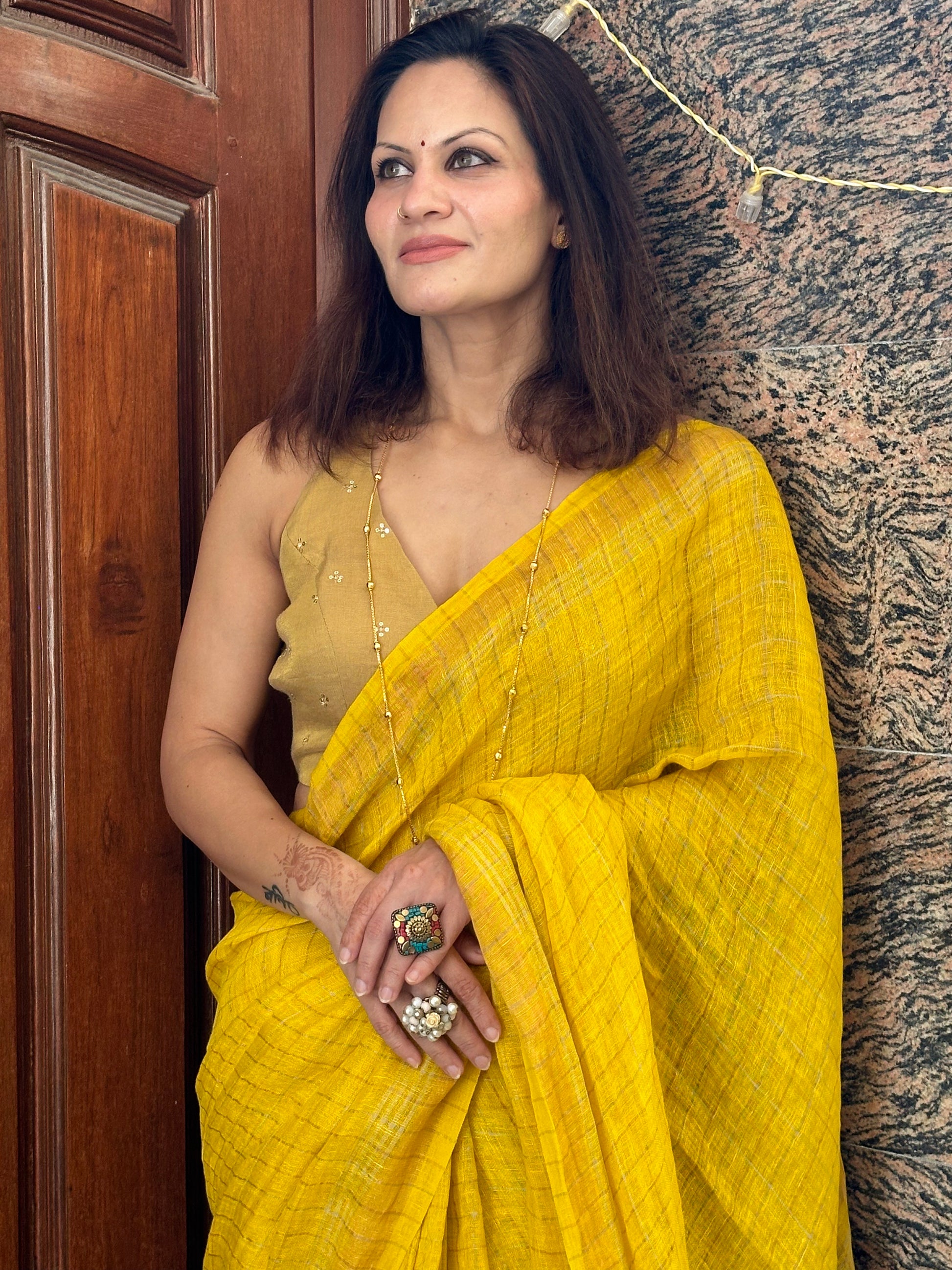 Yellow Pure Linen Sari with Silver and Gold Zari Checks - Raahini