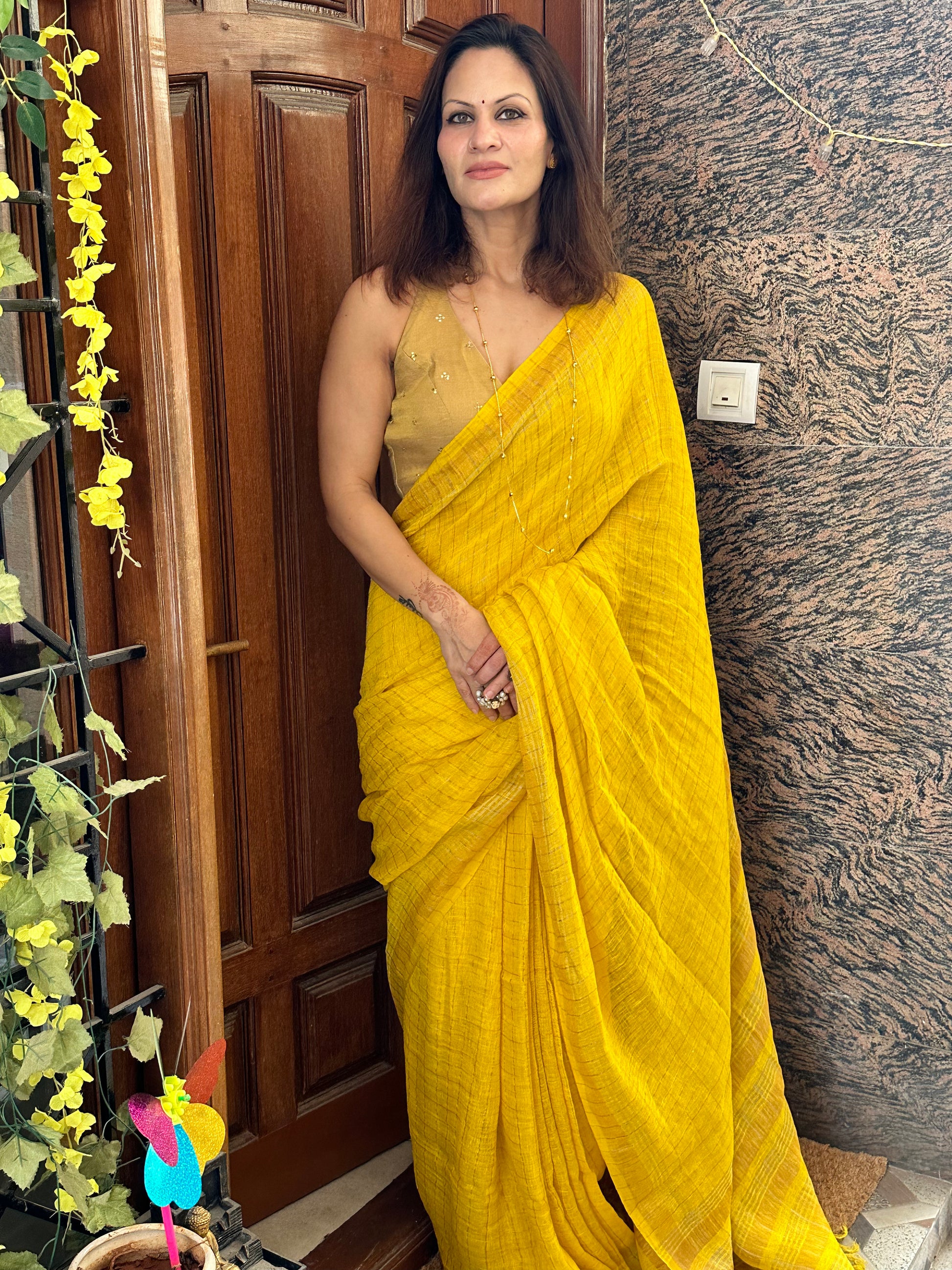 Yellow Pure Linen Sari with Silver and Gold Zari Checks - Raahini