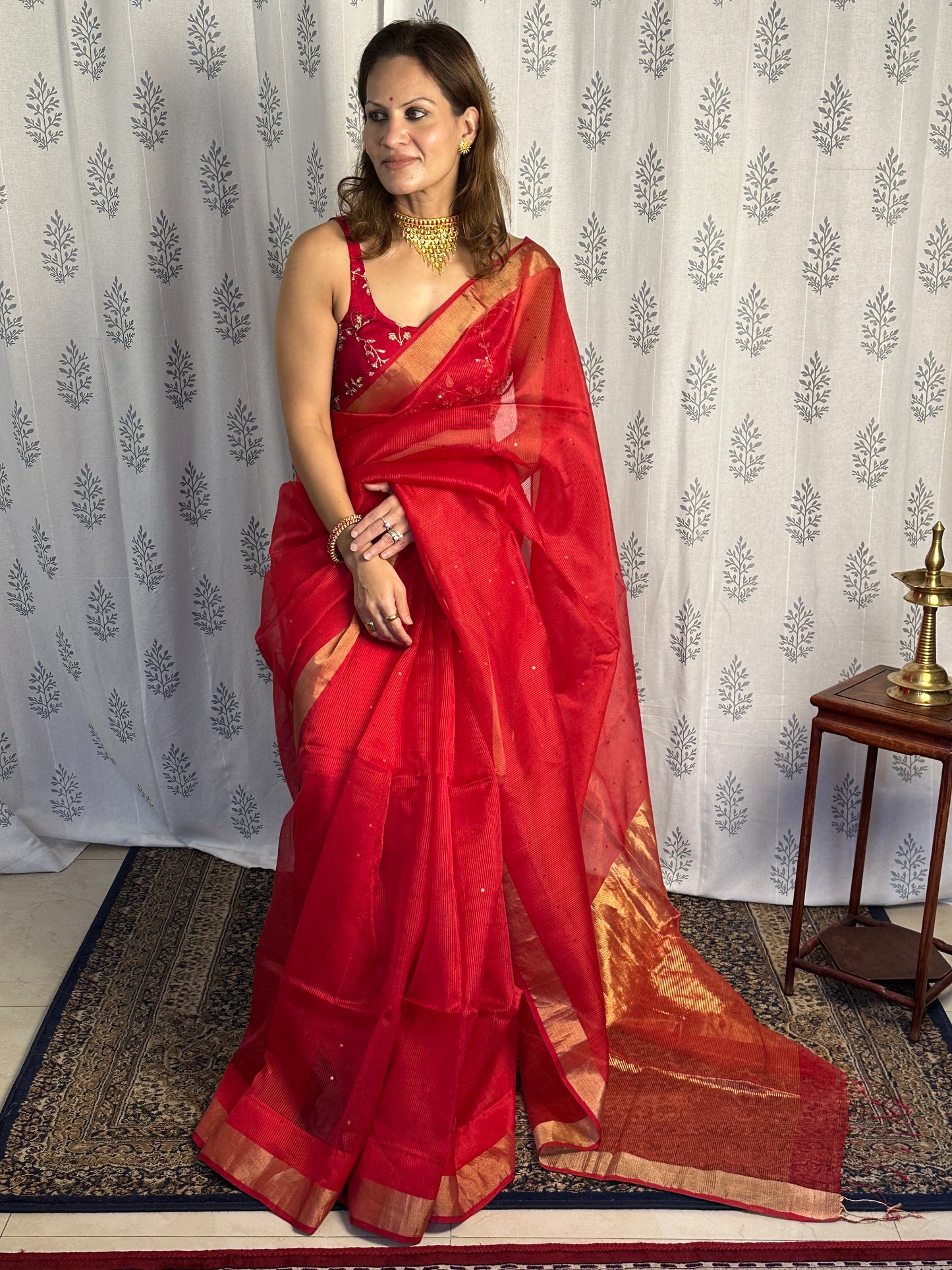 Red Pure Handloom Kota Organza Saree with Gold Zari Woven Pallu