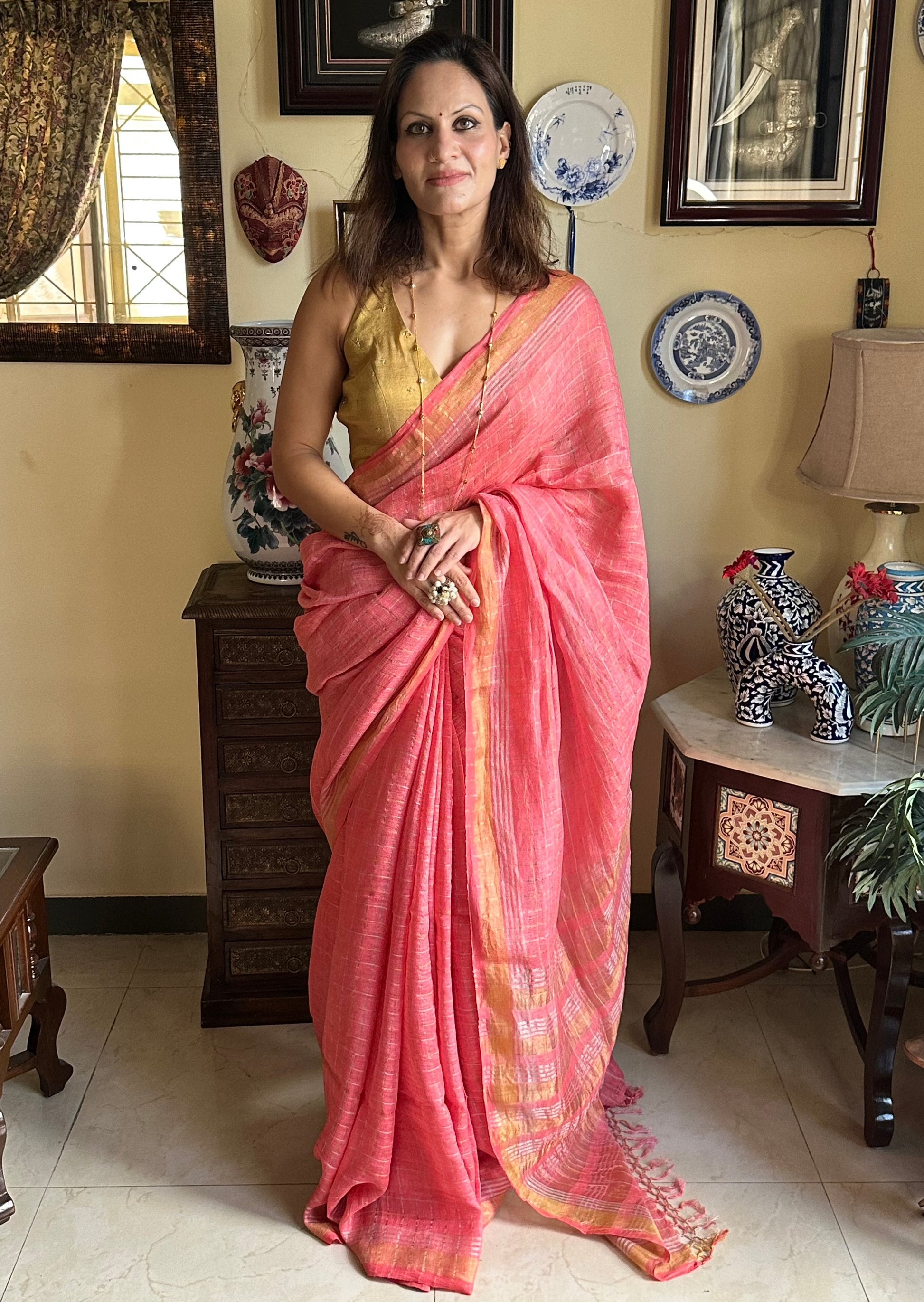 Peach Pure Linen Sari with Silver and Gold Zari Checks - Raahini