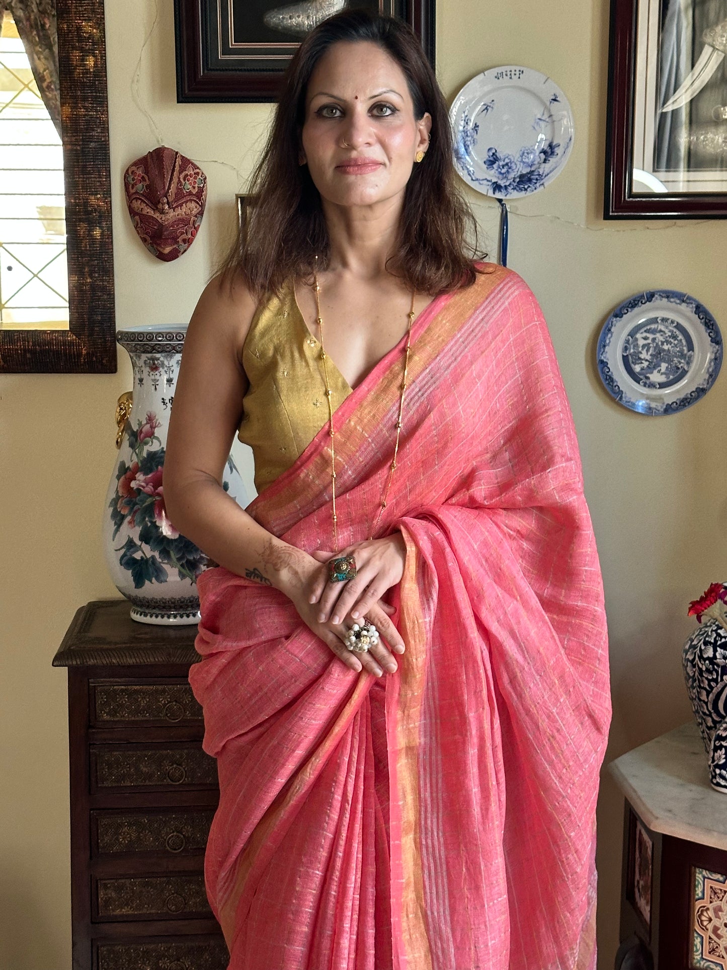 Peach Pure Linen Sari with Silver and Gold Zari Checks - Raahini