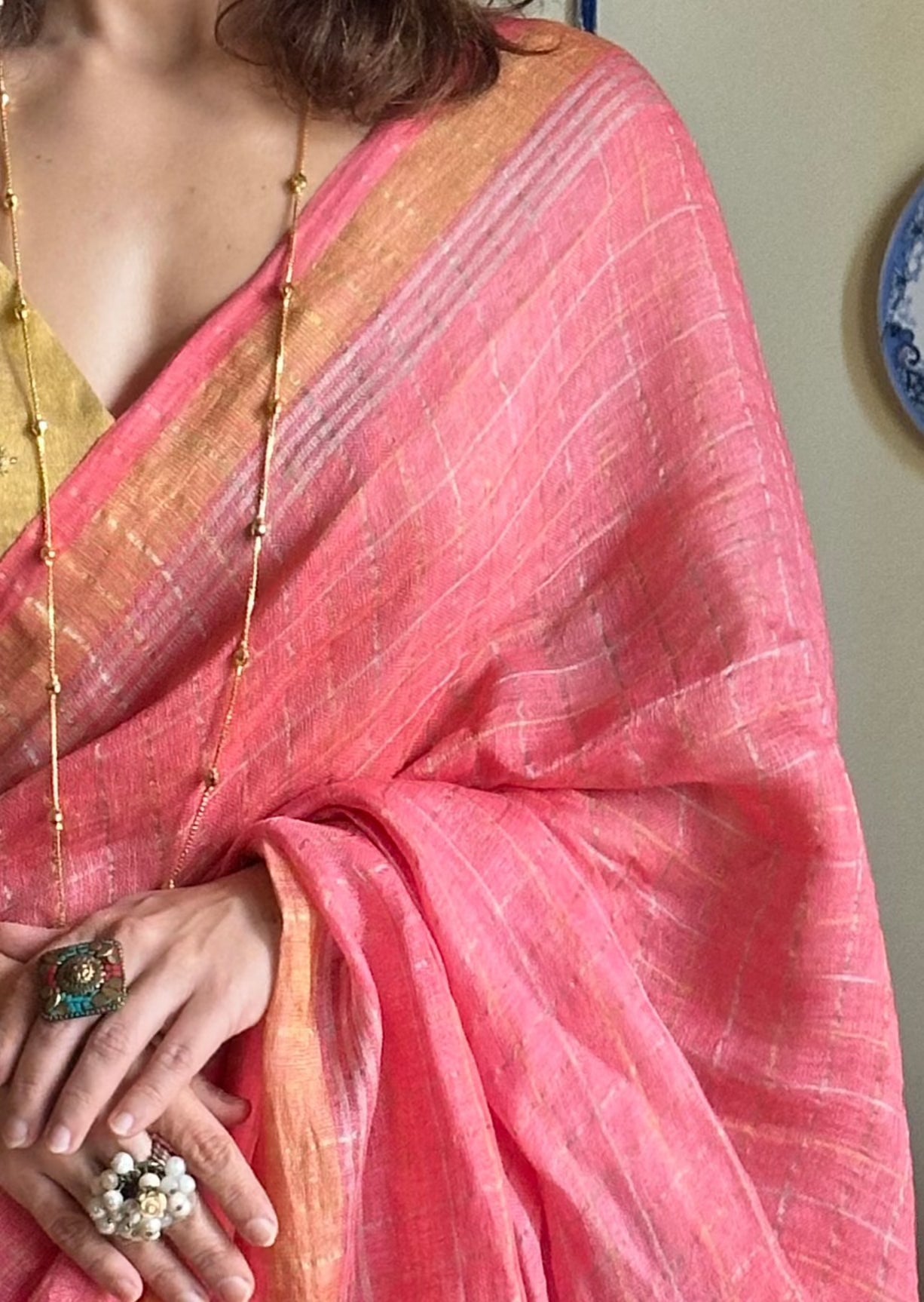 Peach Pure Linen Sari with Silver and Gold Zari Checks - Raahini