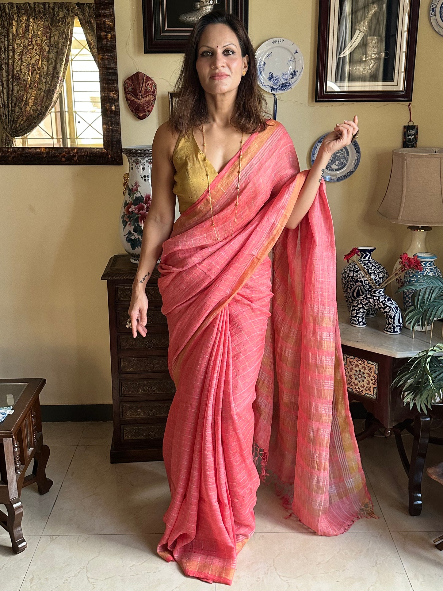 Peach Pure Linen Sari with Silver and Gold Zari Checks - Raahini