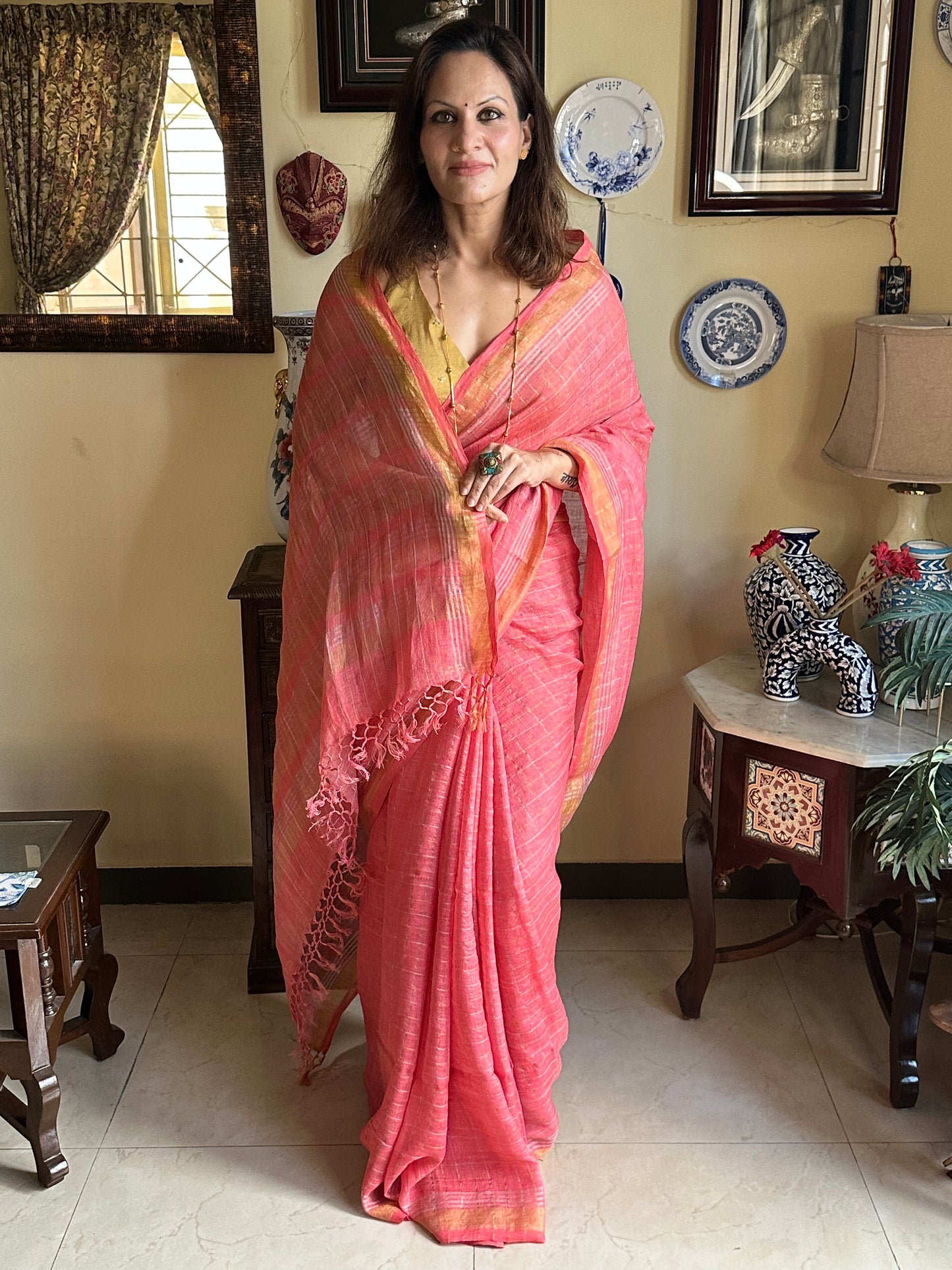 Peach Pure Linen Sari with Silver and Gold Zari Checks - Raahini