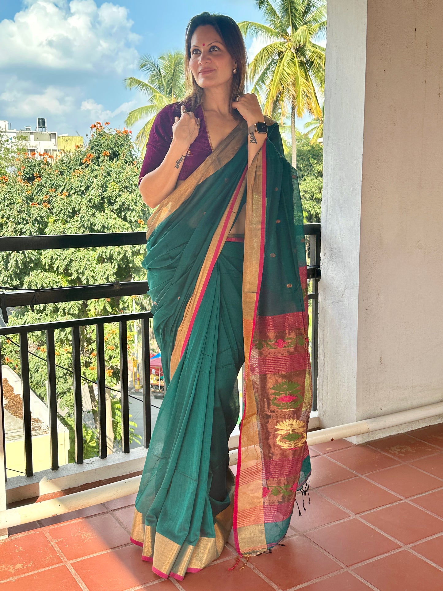 Green Pure Cotton Handloom Saree with Paithani Inspired Weaving on the Pallu