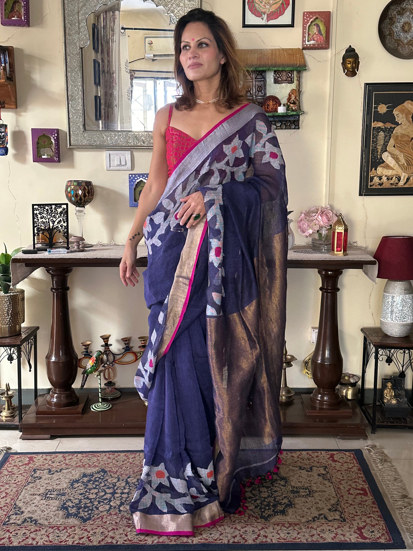 Blue Handloom Pure Linen Jamdani Sari with Contrast Pink, Gold, & Silver Border & Zari Woven Pallu