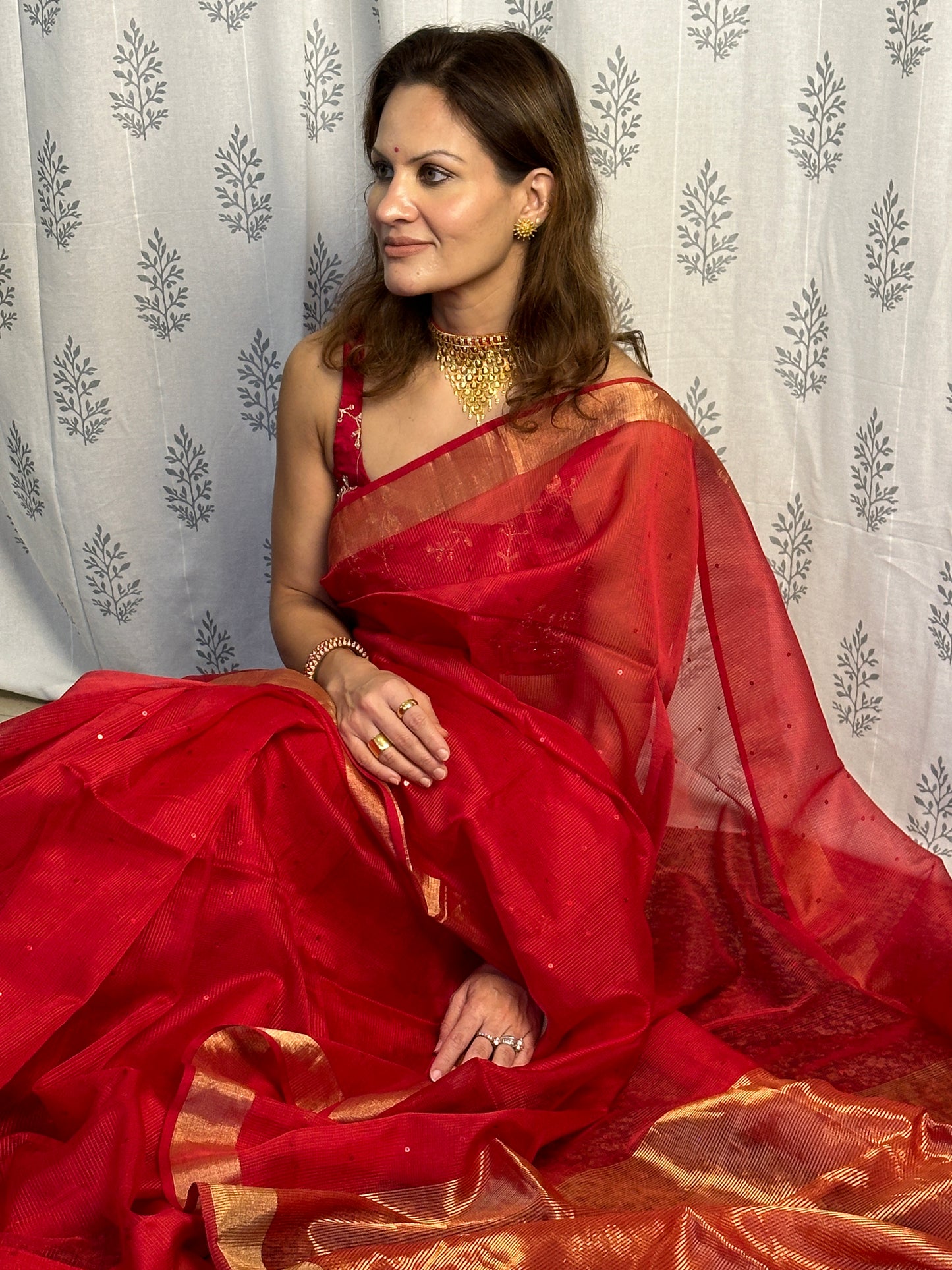 Red Pure Handloom Kota Organza Saree with Gold Zari Woven Pallu