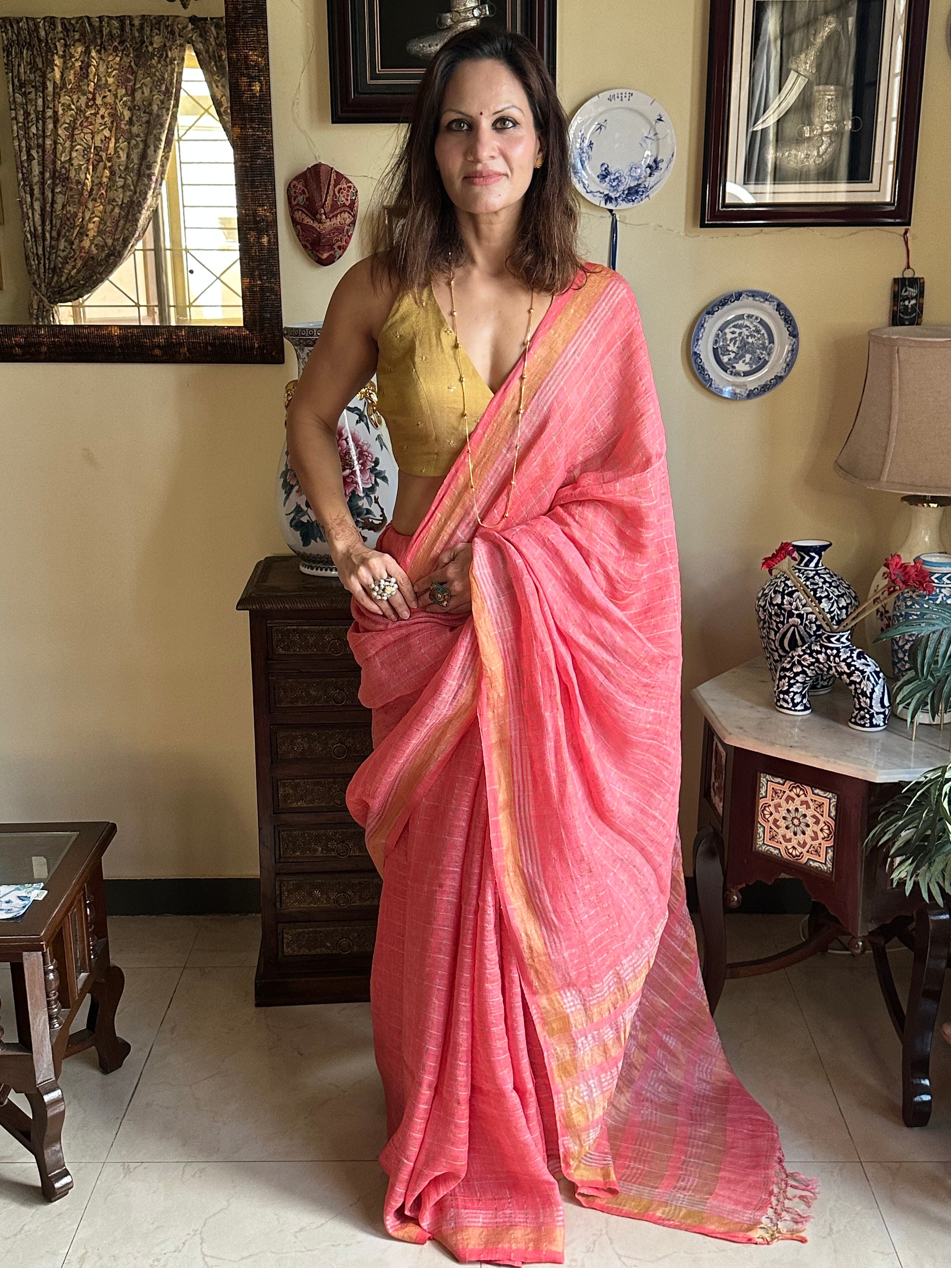 Peach Pure Linen Sari with Silver and Gold Zari Checks - Raahini