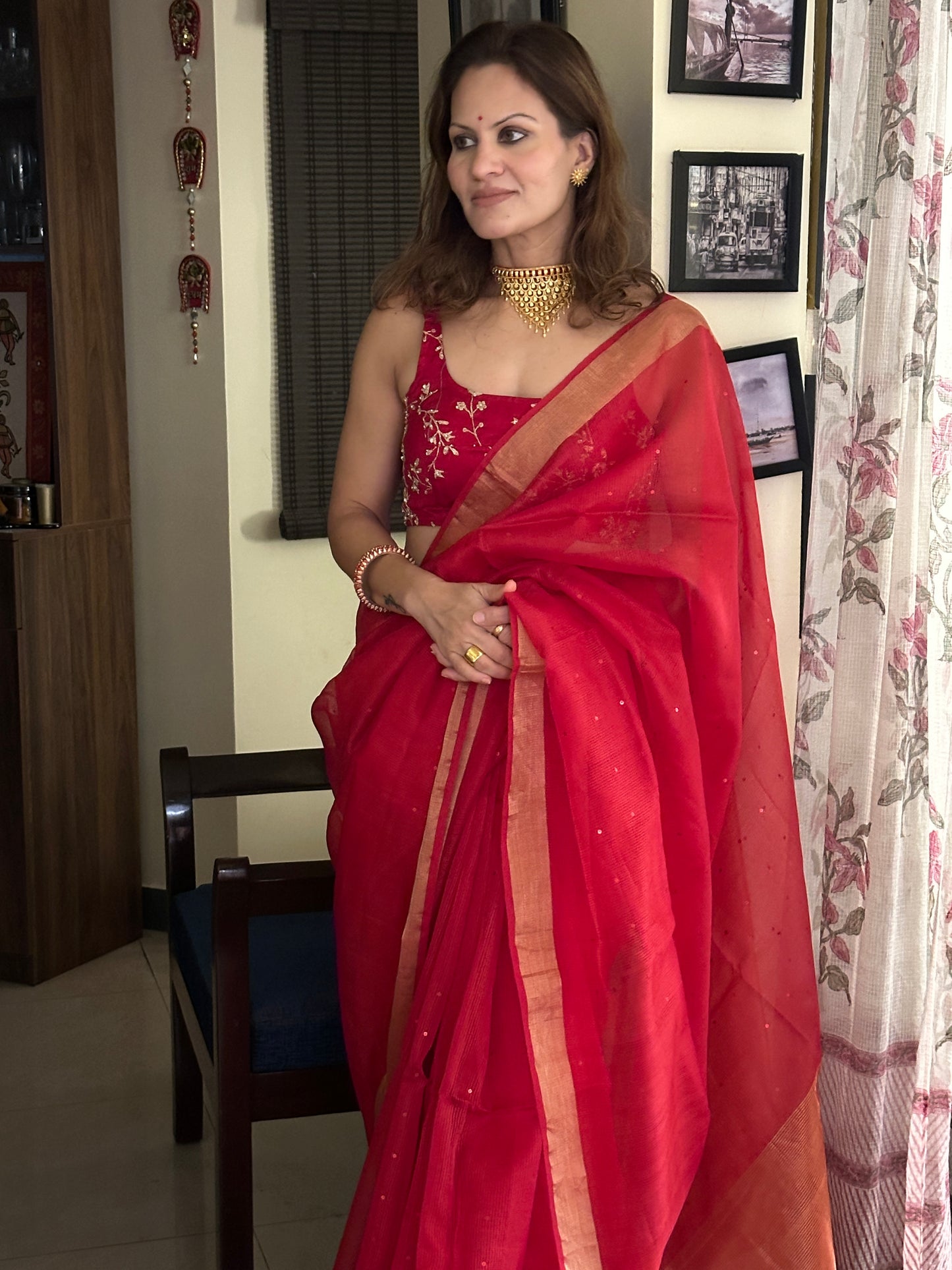 Red Pure Handloom Kota Organza Saree with Gold Zari Woven Pallu