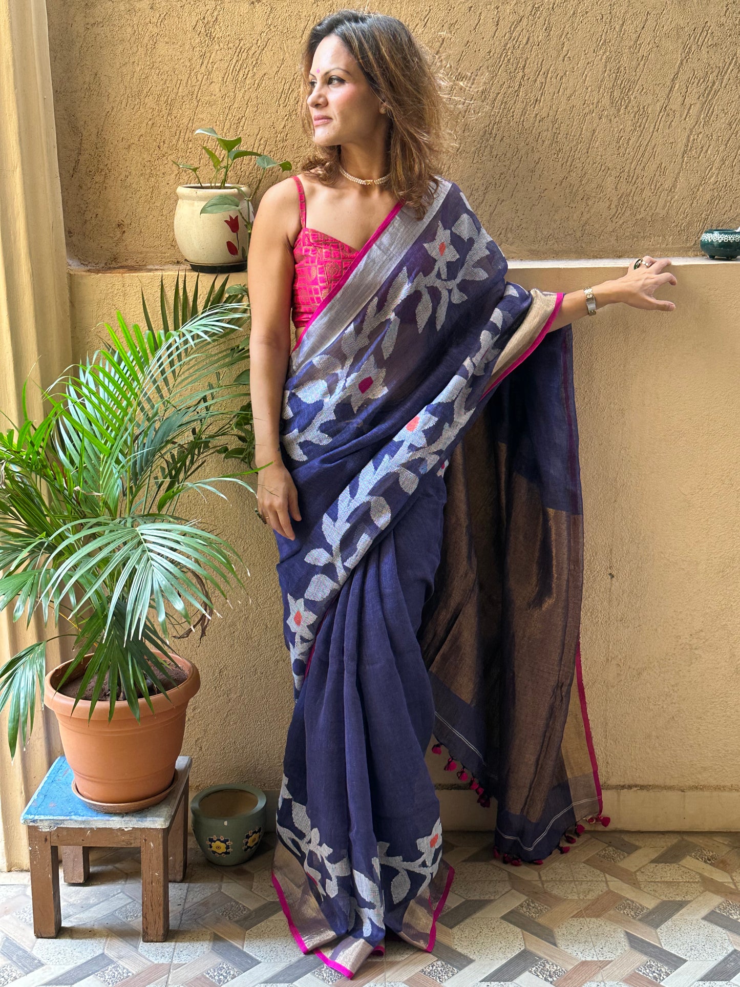 Blue Handloom Pure Linen Jamdani Sari with Contrast Pink, Gold, & Silver Border & Zari Woven Pallu