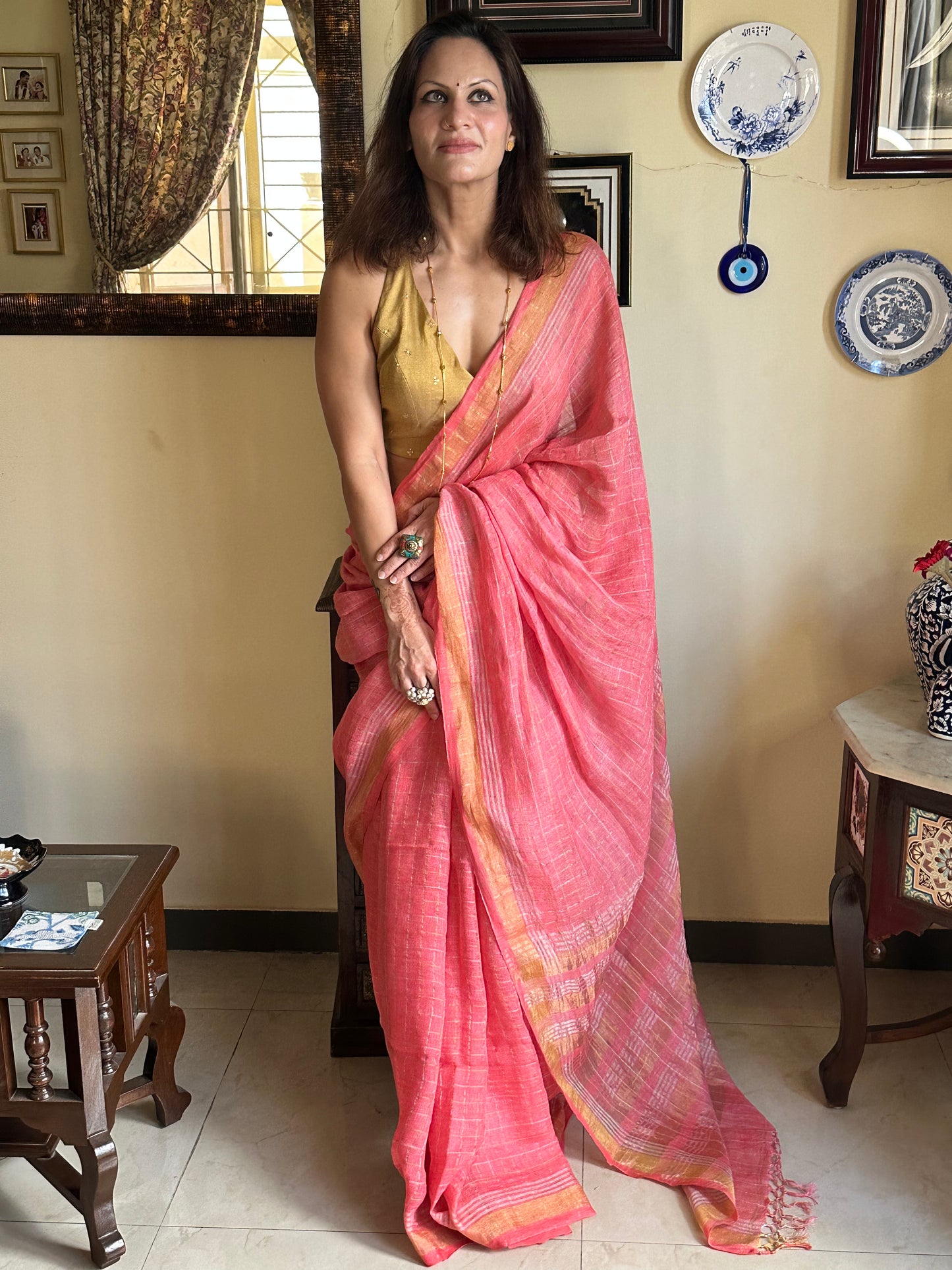 Peach Pure Linen Sari with Silver and Gold Zari Checks - Raahini