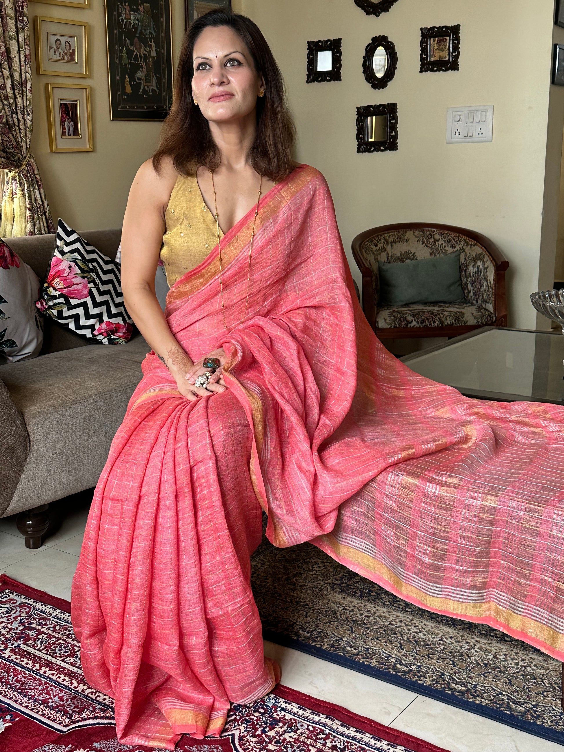 Peach Pure Linen Sari with Silver and Gold Zari Checks - Raahini