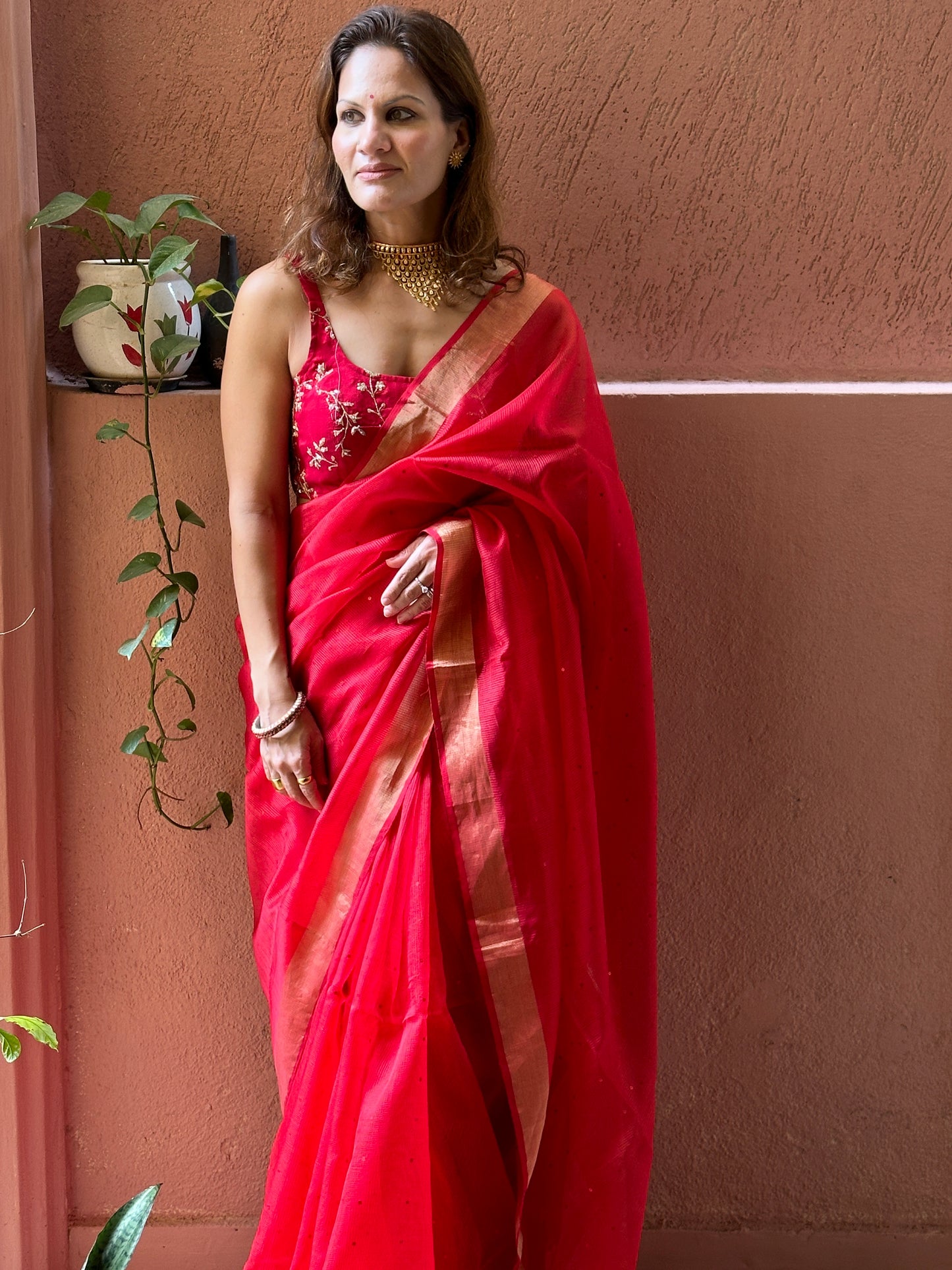 Red Pure Handloom Kota Organza Saree with Gold Zari Woven Pallu