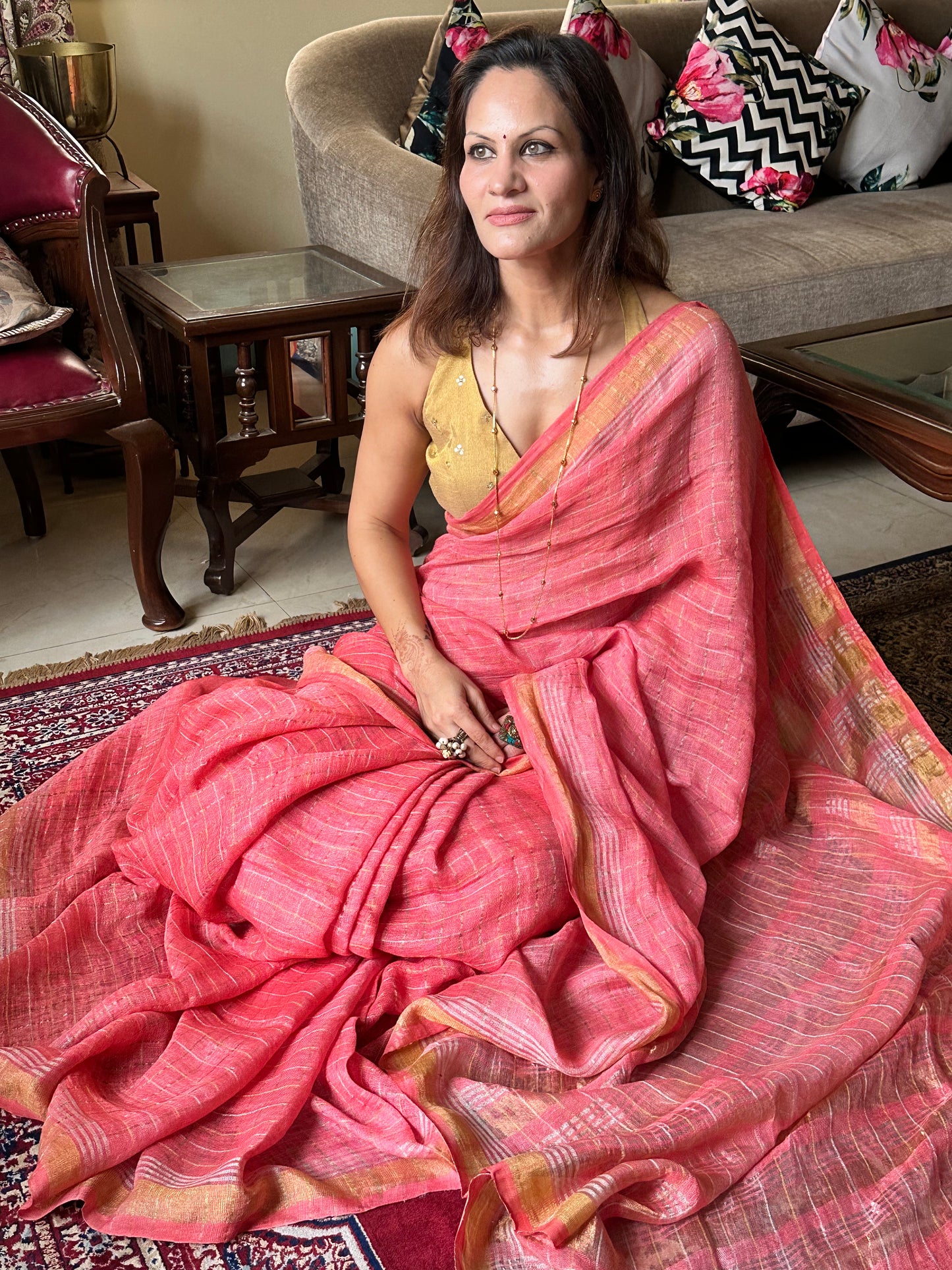 Peach Pure Linen Sari with Silver and Gold Zari Checks - Raahini