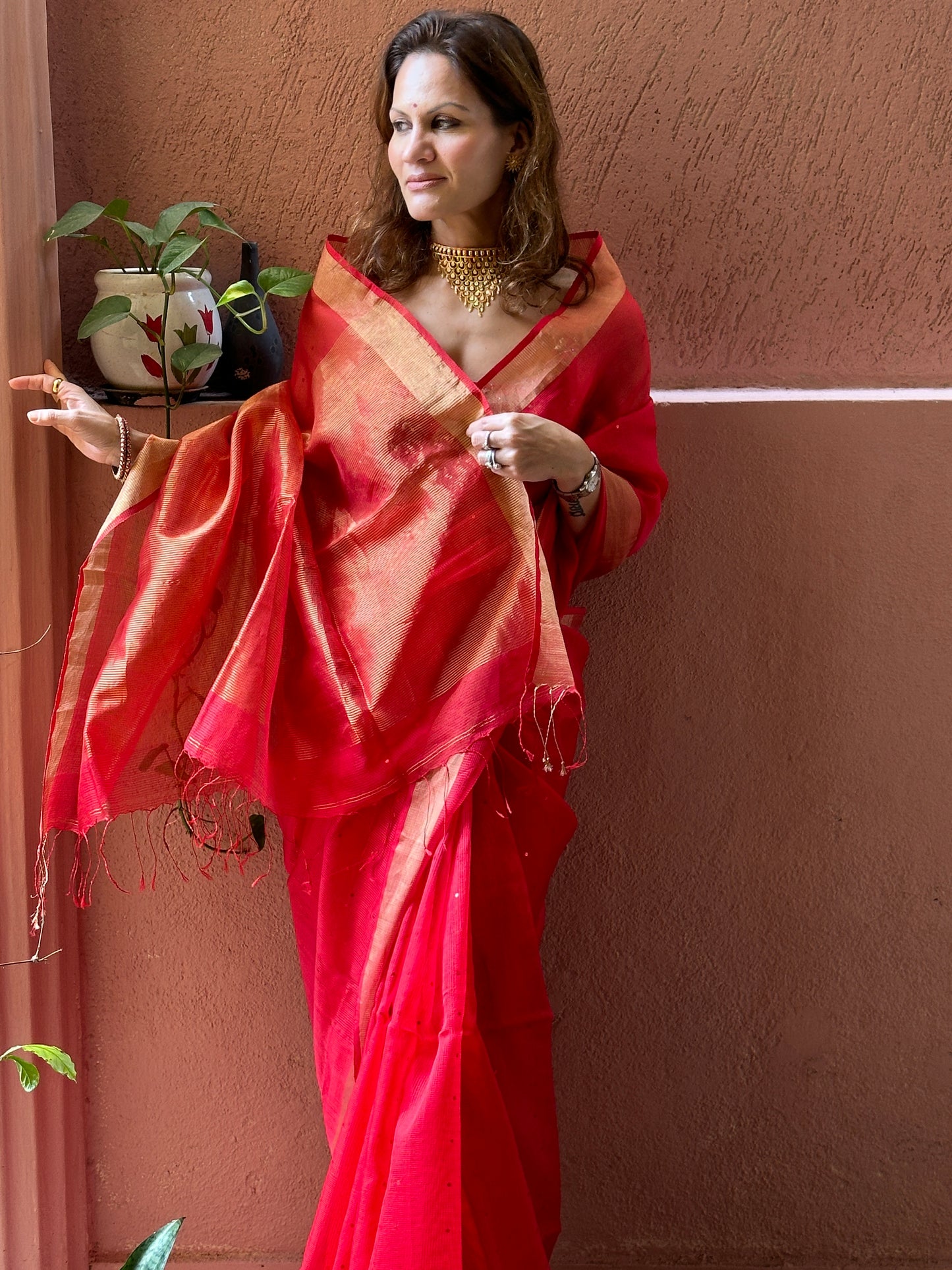 Red Pure Handloom Kota Organza Saree with Gold Zari Woven Pallu