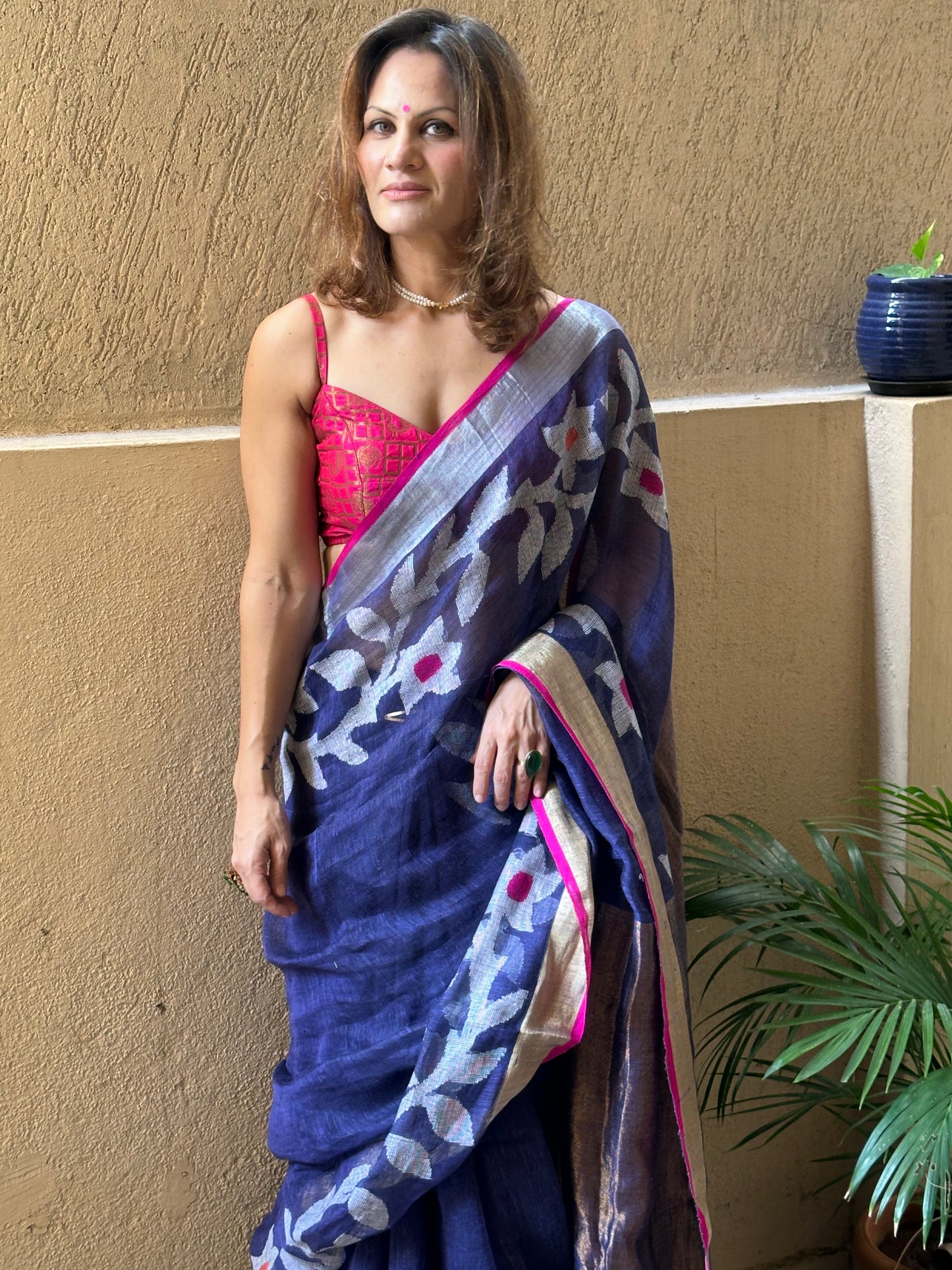 Blue Handloom Pure Linen Jamdani Sari with Contrast Pink, Gold, & Silver Border & Zari Woven Pallu