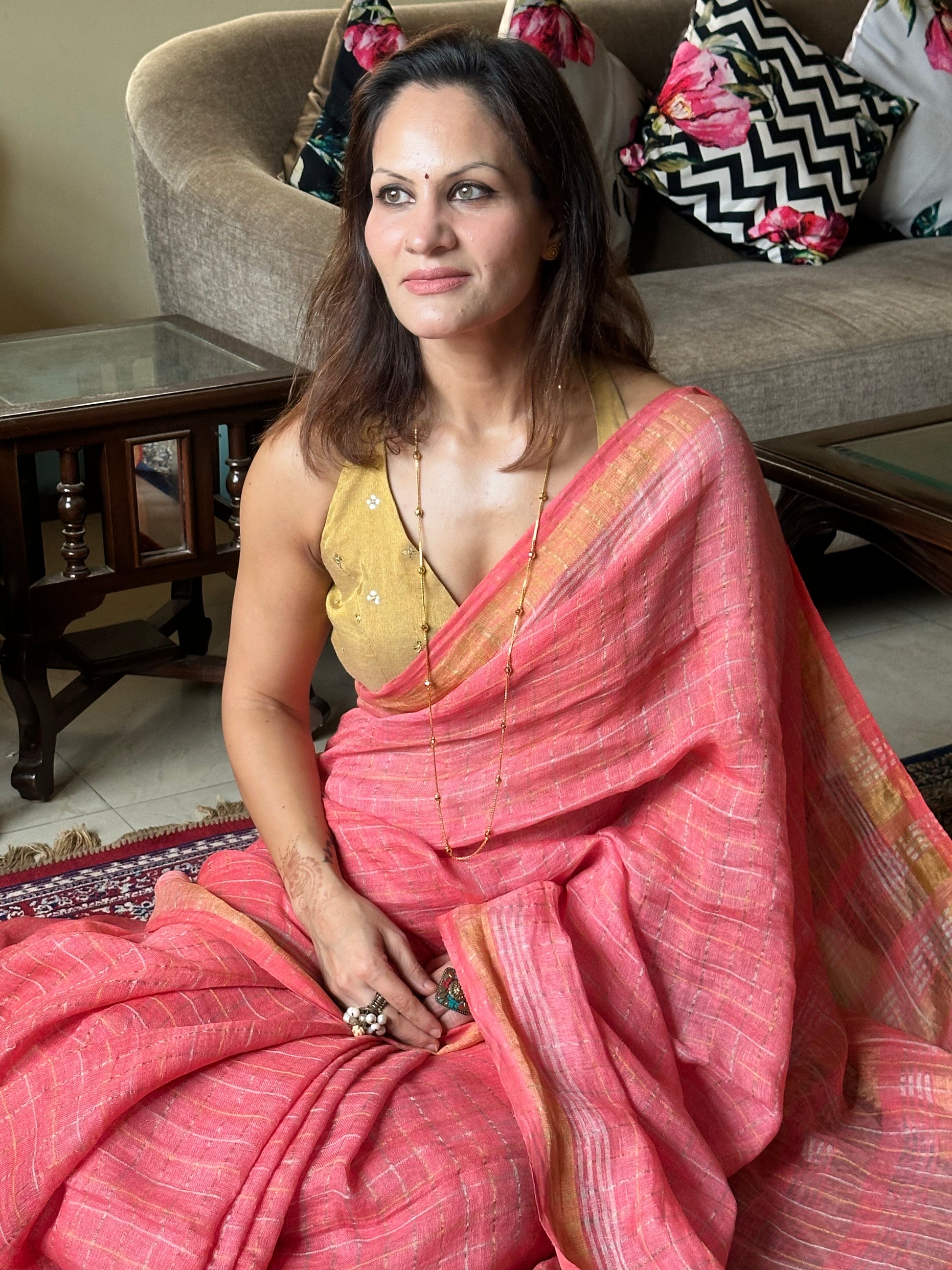 Peach Pure Linen Sari with Silver and Gold Zari Checks - Raahini