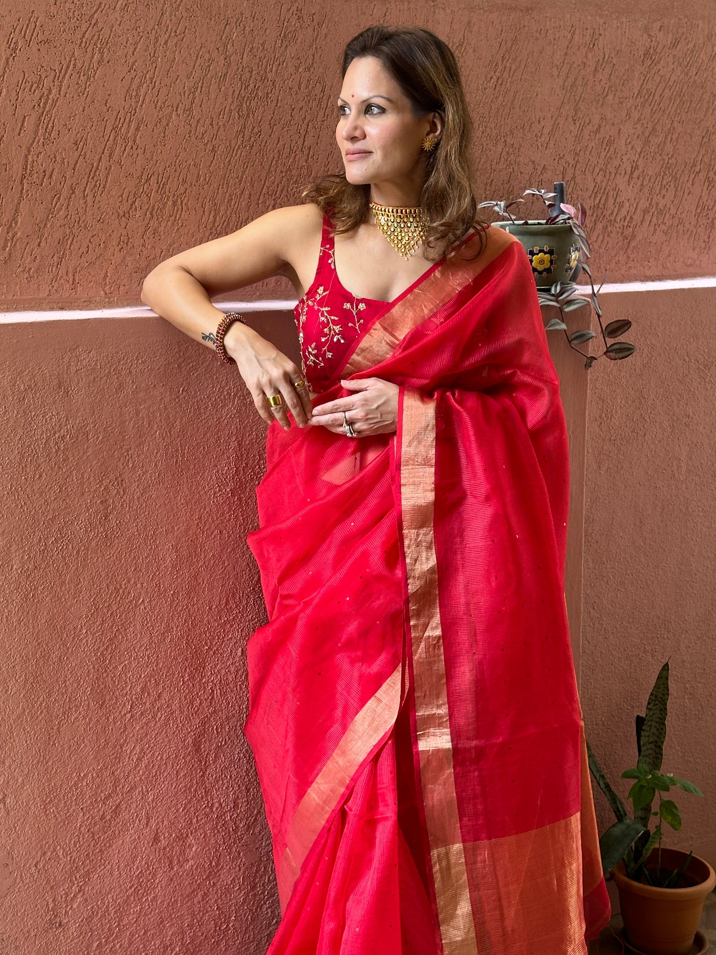 Red Pure Handloom Kota Organza Saree with Gold Zari Woven Pallu