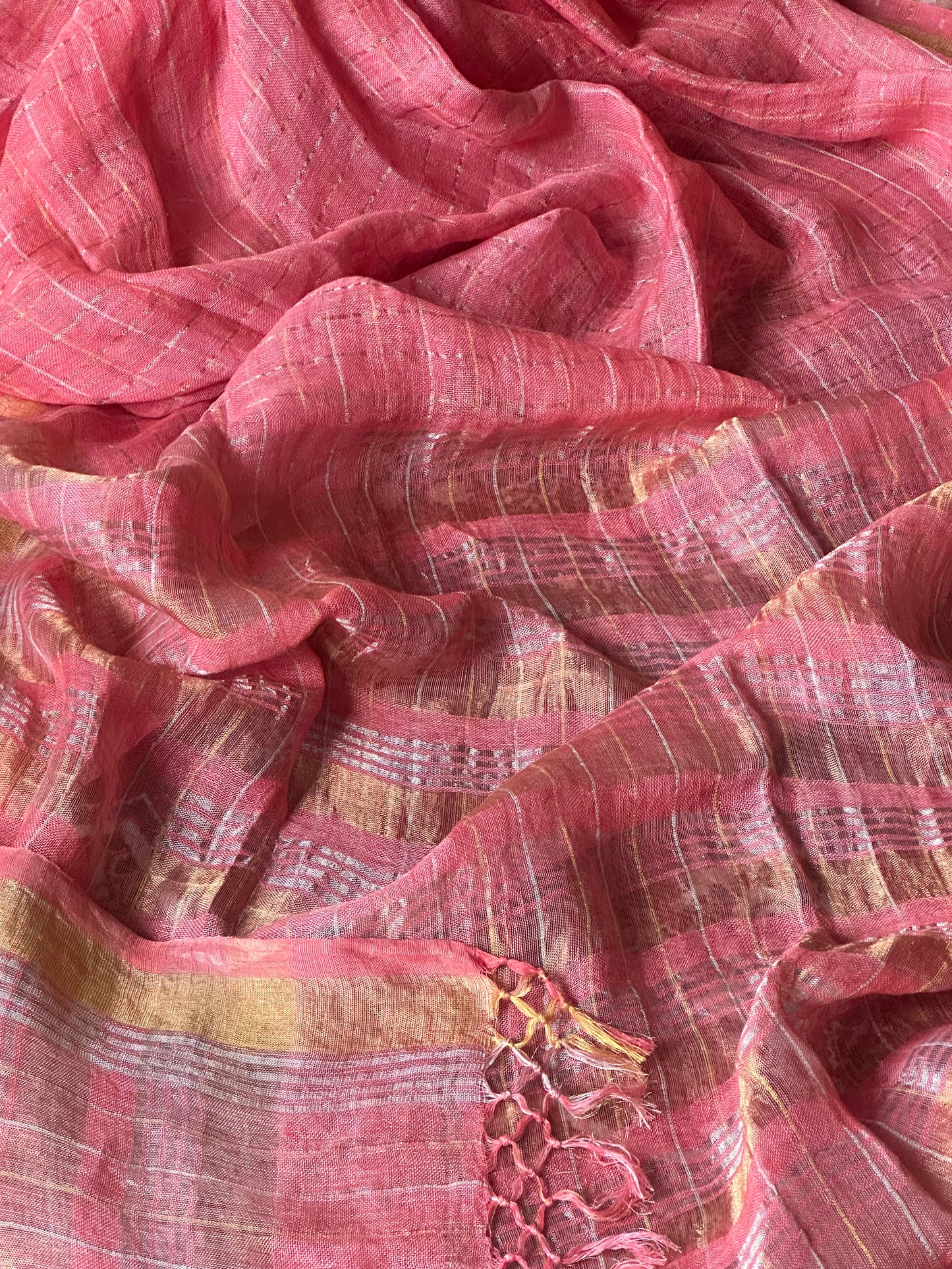 Peach Pure Linen Sari with Silver and Gold Zari Checks - Raahini