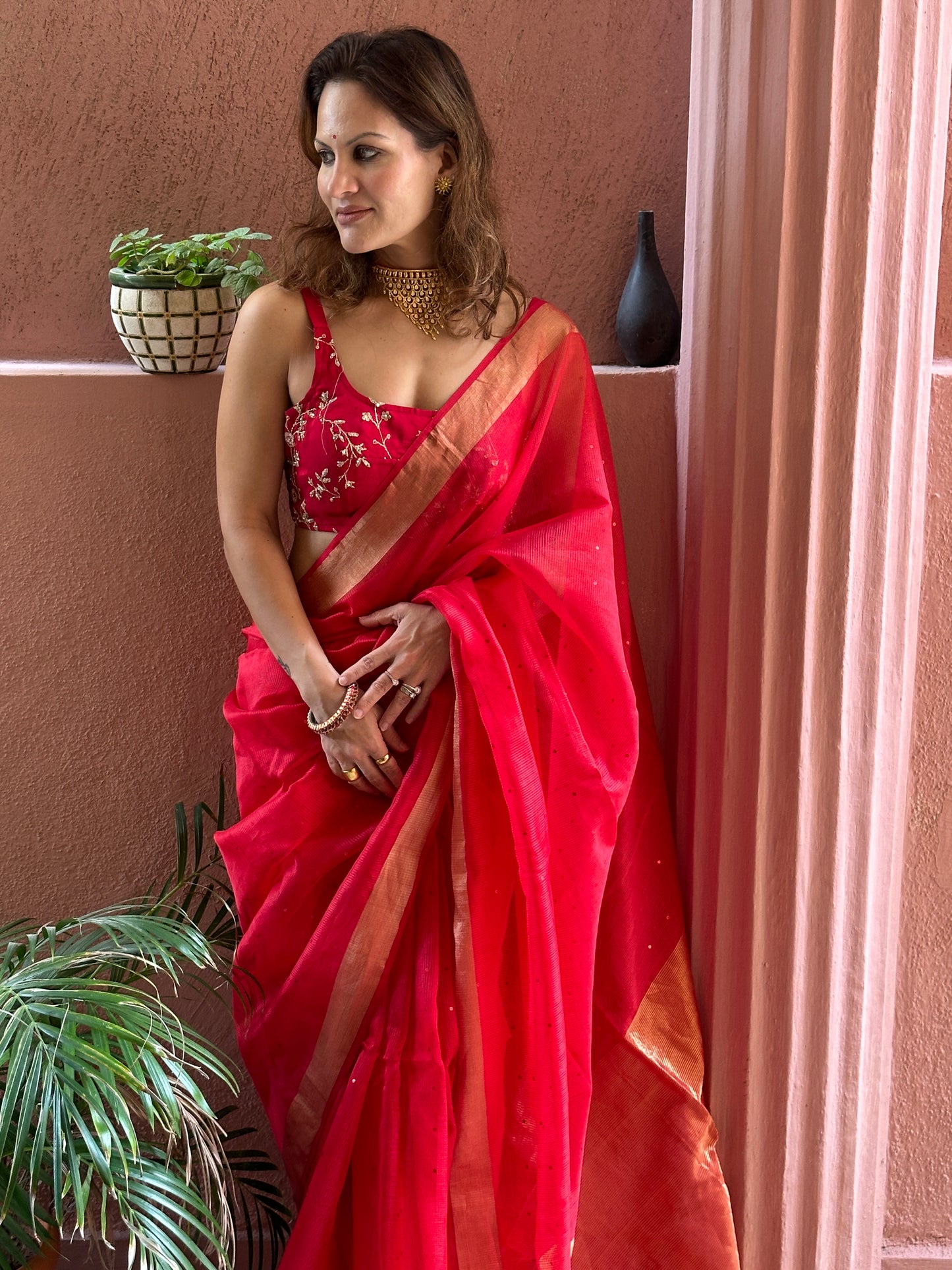 Red Pure Handloom Kota Organza Saree with Gold Zari Woven Pallu