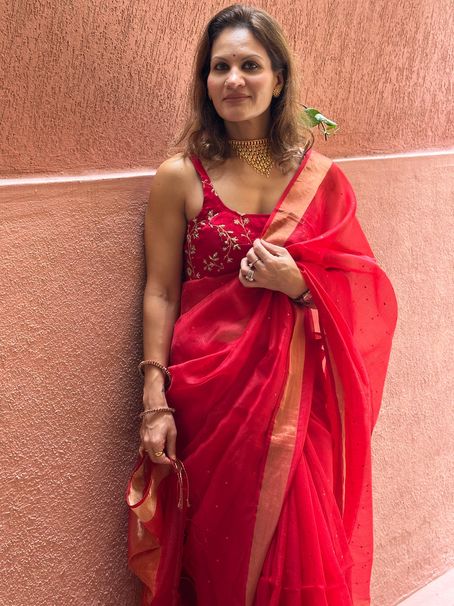 Red Pure Handloom Kota Organza Saree with Gold Zari Woven Pallu