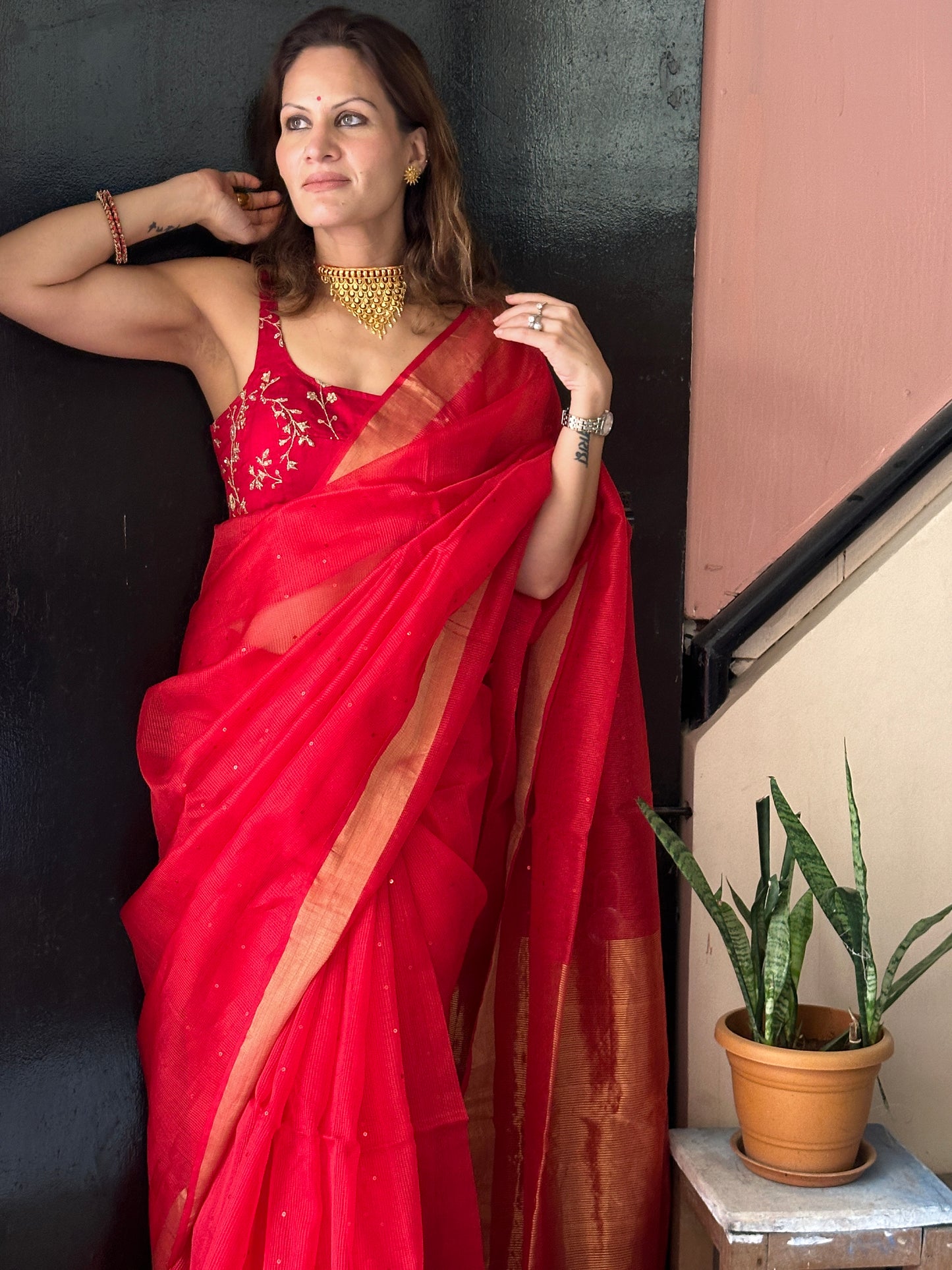 Red Pure Handloom Kota Organza Saree with Gold Zari Woven Pallu