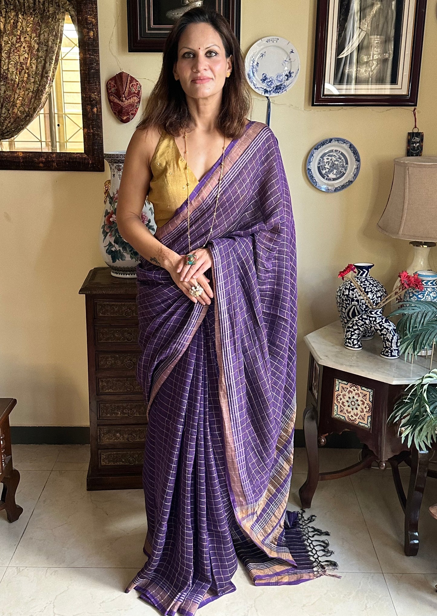 Purple Pure Linen Sari with Silver and Gold Zari Checks - Raahini