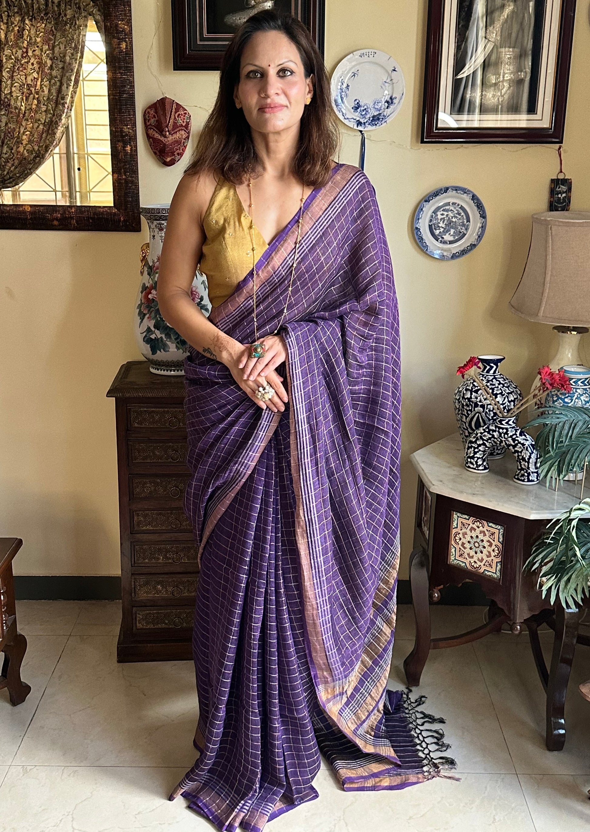 Purple Pure Linen Sari with Silver and Gold Zari Checks - Raahini