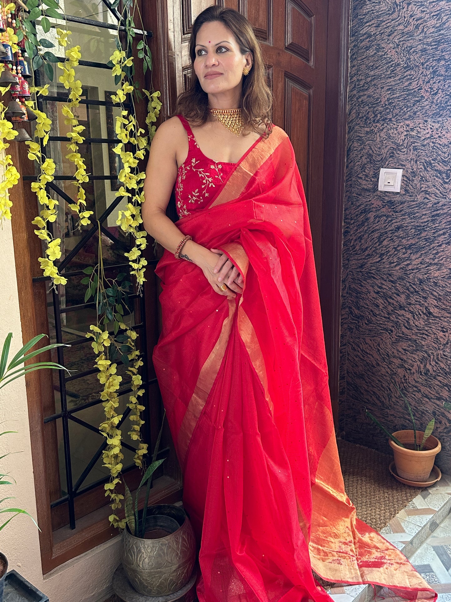 Red Pure Handloom Kota Organza Saree with Gold Zari Woven Pallu