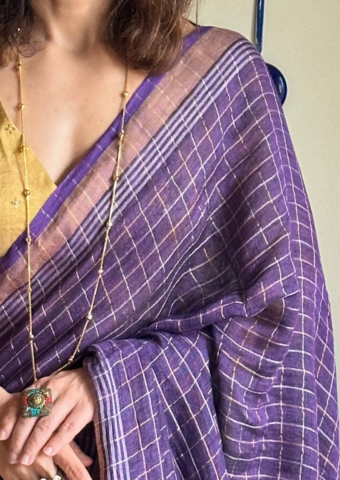 Purple Pure Linen Sari with Silver and Gold Zari Checks - Raahini