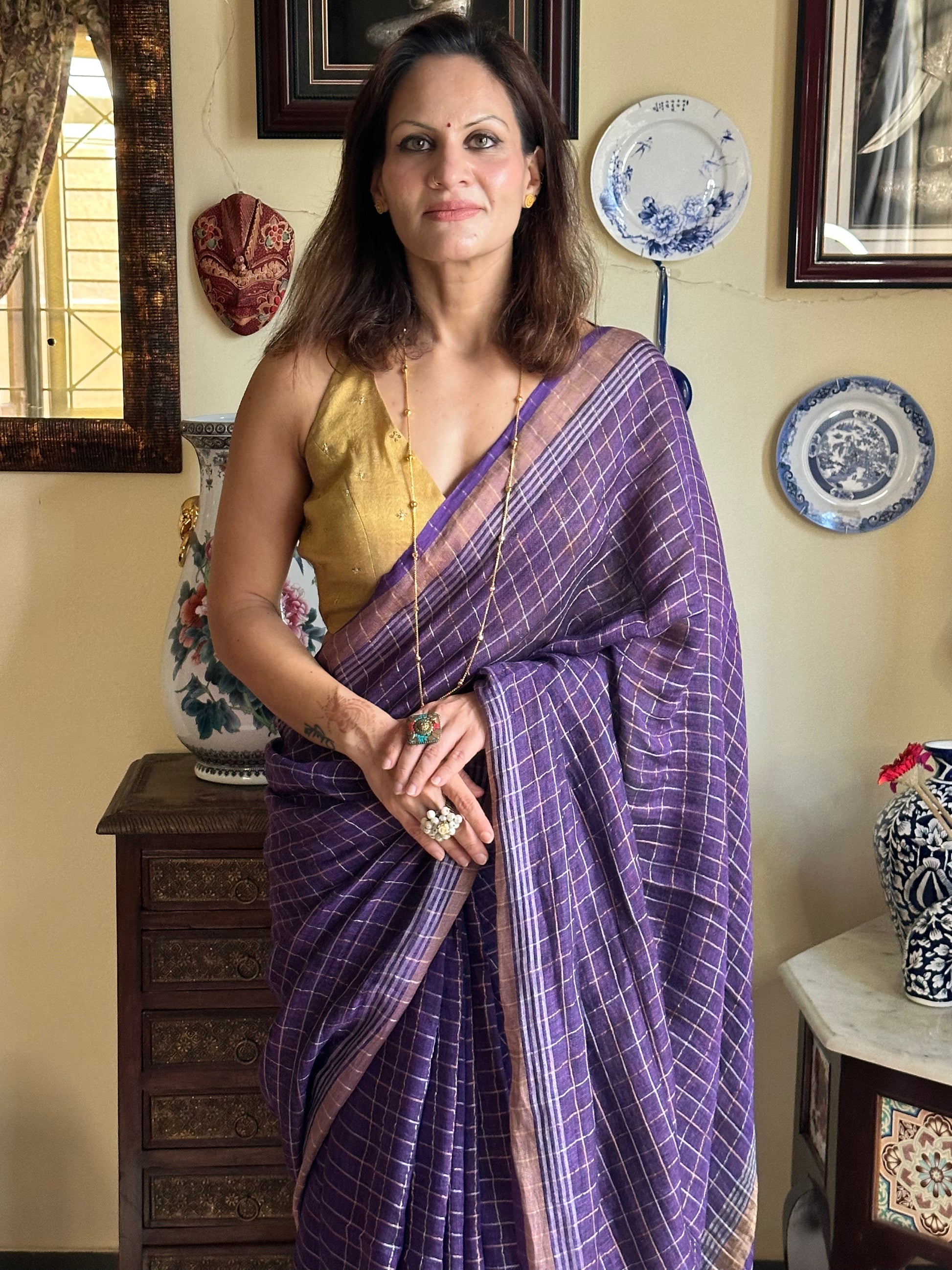 Purple Pure Linen Sari with Silver and Gold Zari Checks - Raahini