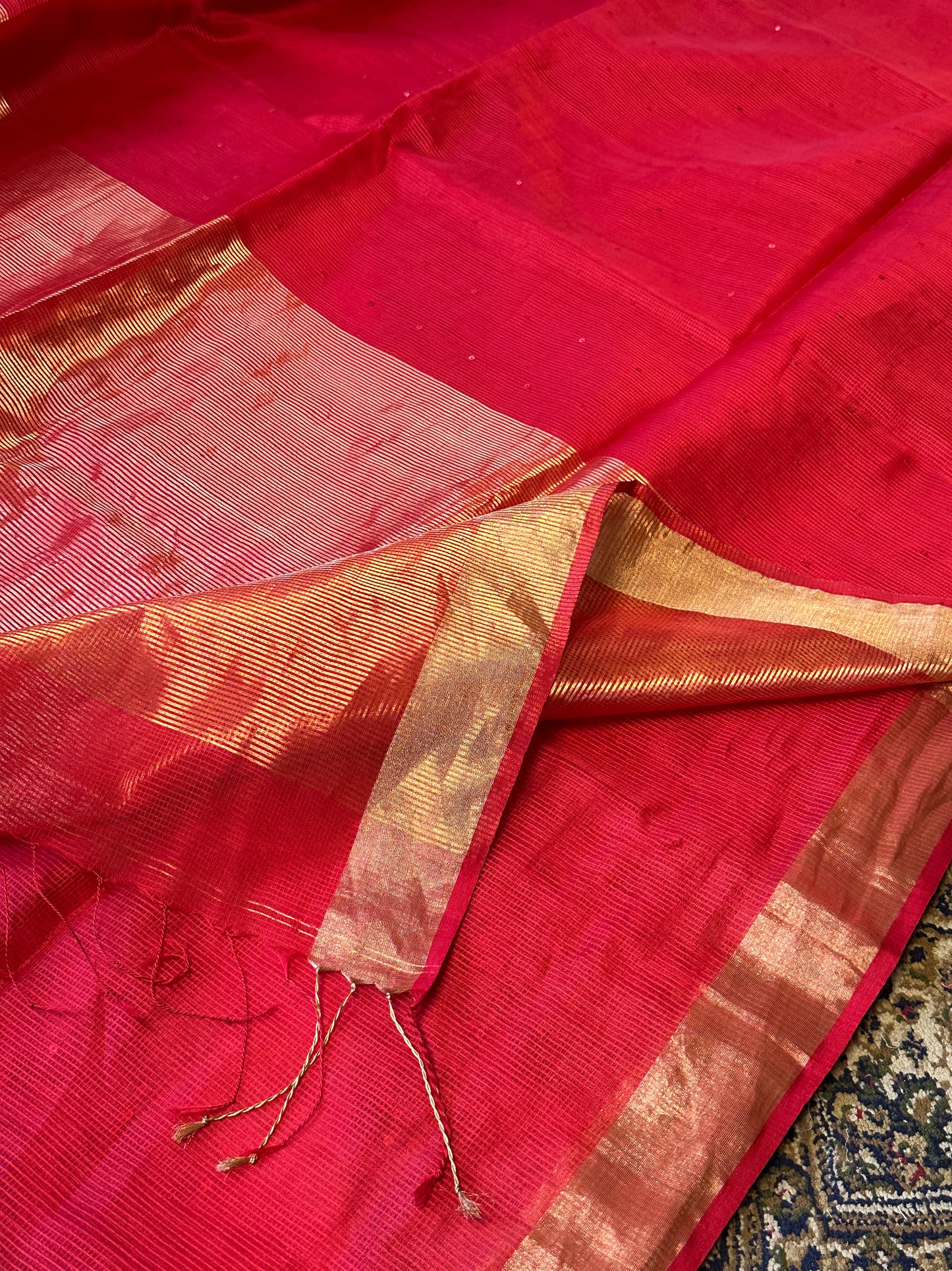 Red Pure Handloom Kota Organza Saree with Gold Zari Woven Pallu