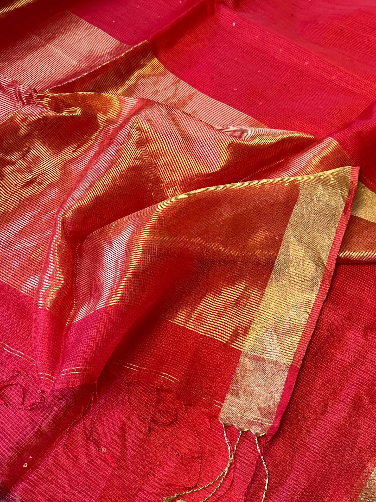 Red Pure Handloom Kota Organza Saree with Gold Zari Woven Pallu