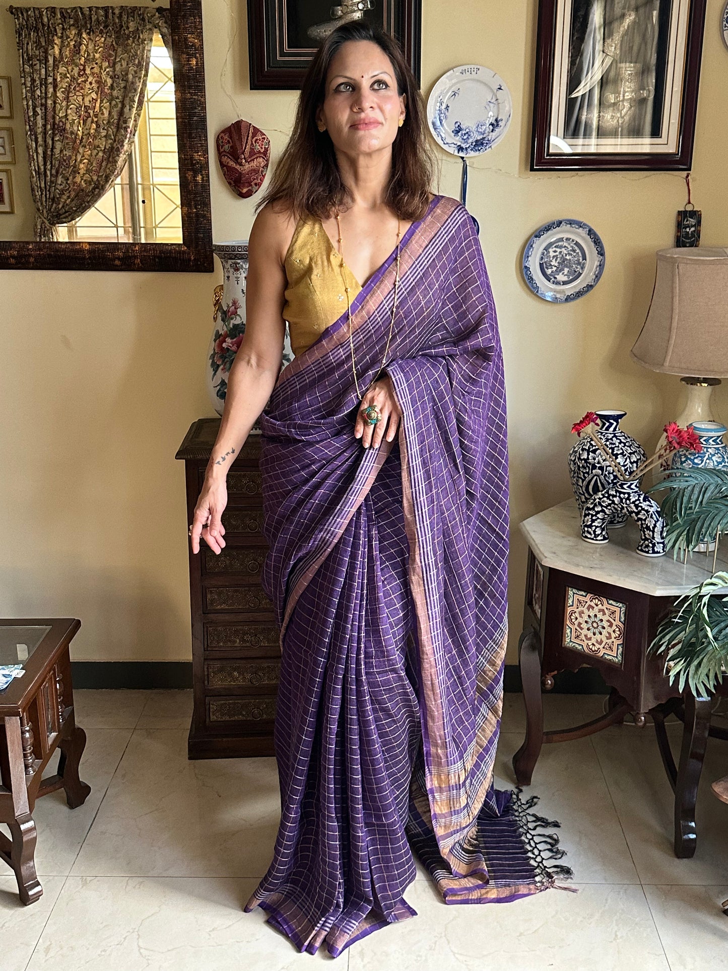 Purple Pure Linen Sari with Silver and Gold Zari Checks - Raahini