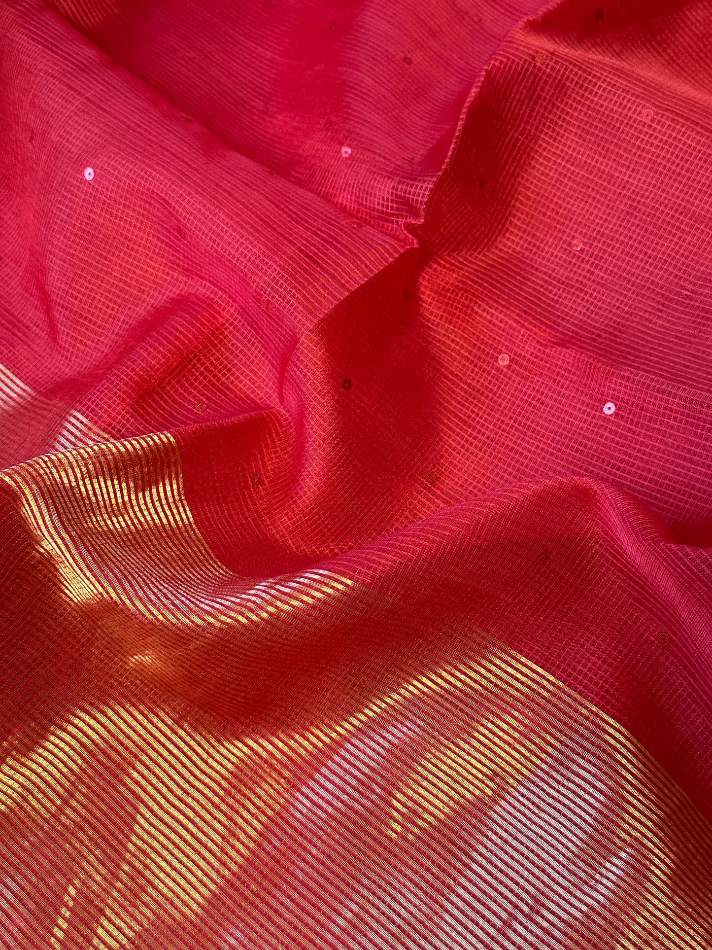 Red Pure Handloom Kota Organza Saree with Gold Zari Woven Pallu