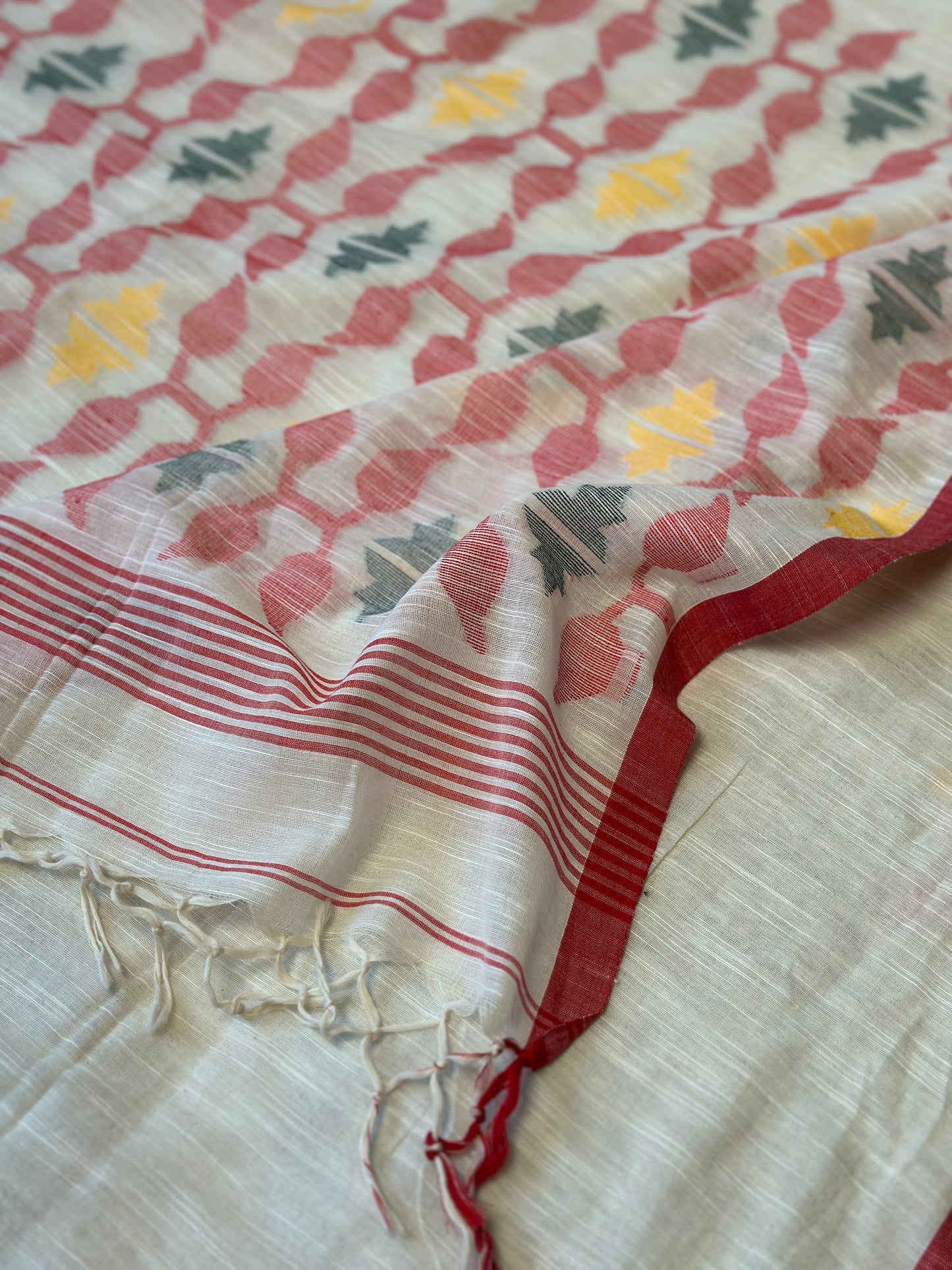 Cream Handloom Pure Khaadi Jamdani Saree with Red Border